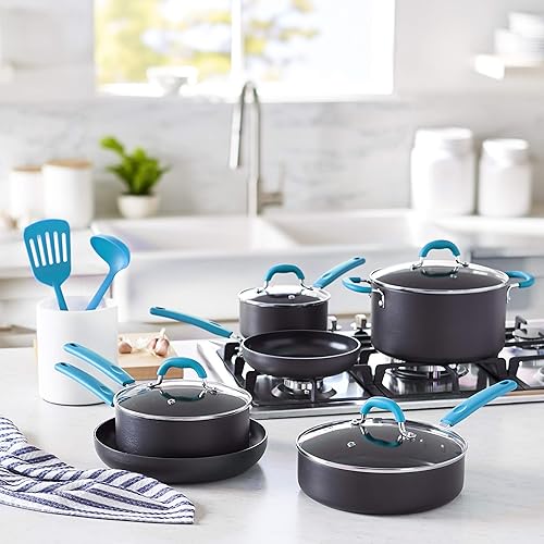 Miniatura 7 de Tienda Basics Juego de utensilios de cocina antiadherentes anodizados duros de 12 piezas turquesa ollas sartenes y utensilios Negro, Gris, Rojo,