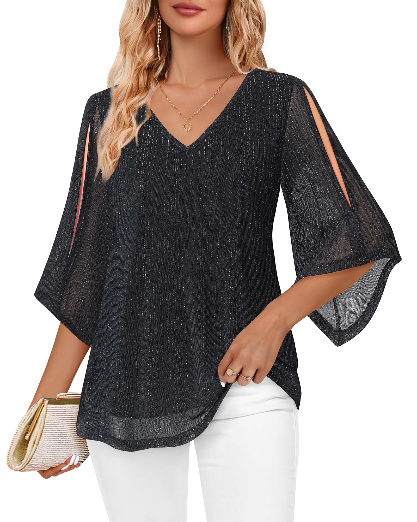 Vafoly Bluse Damen Elegant Kurzarm Sommer Tunika V-Ausschnitt Mesh Oberteil Blumen Doppellagige Tunika