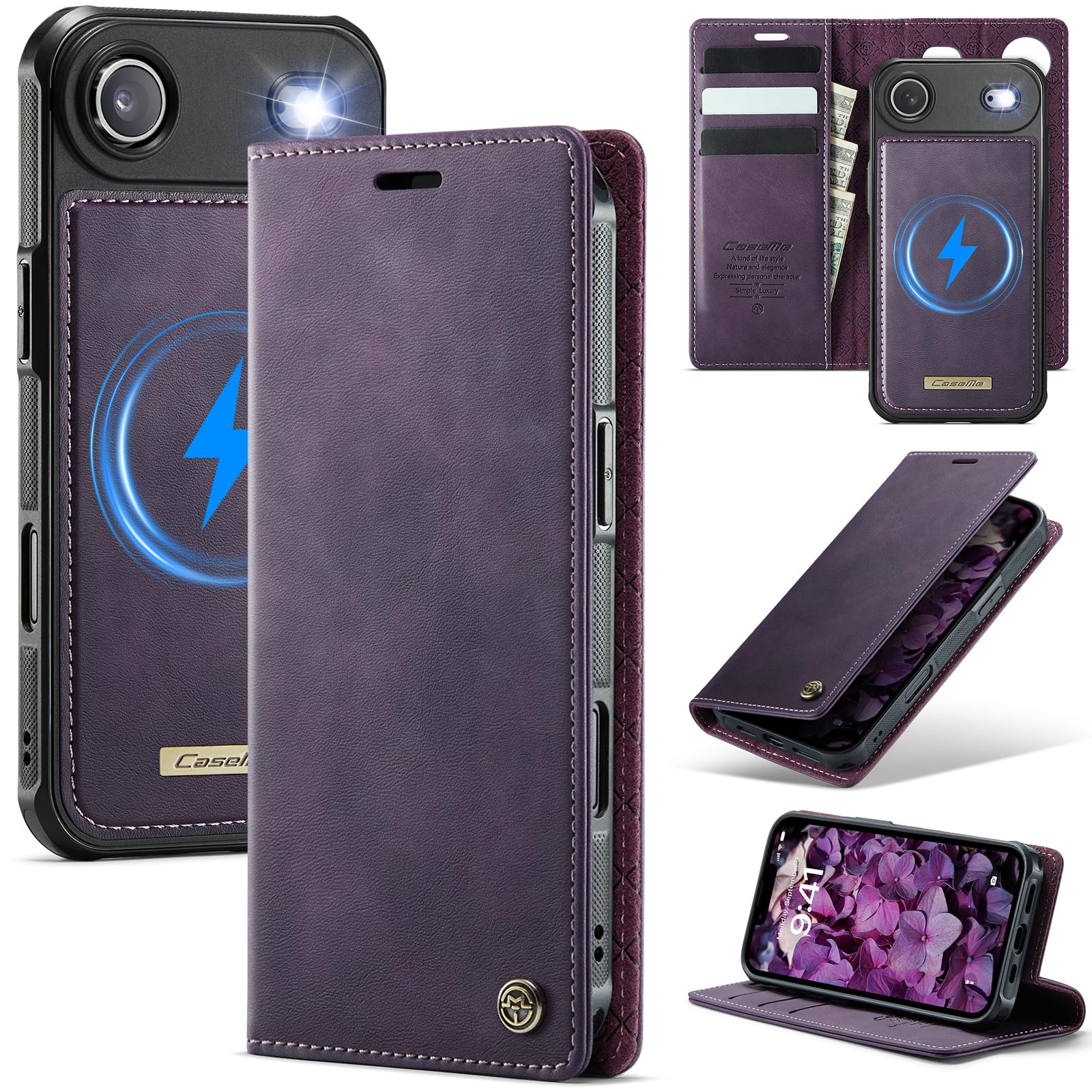 Etui portfelowe na iPhone'a 17 Air z 3 przegródkami na karty i przegródkami na gotówkę, magnetyczne zamknięcie z klapką, odłączany magnetyczny design 2 w 1, kompatybilne z Magsafe - fioletowe