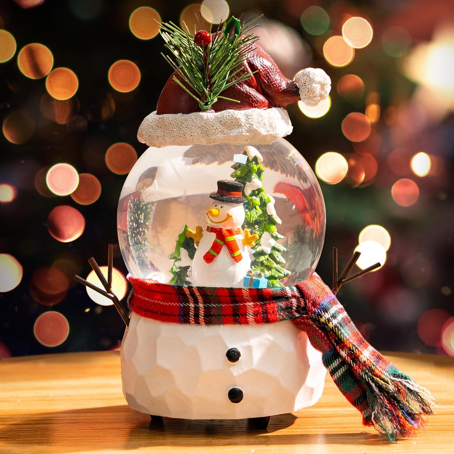 TZSSP Musical Christmas Snow Globe Snowman Decor, Santa Hat & Plaid Scarf, Holiday Water Globe with Snow & Tree, Festive Musical Tabletop Christmas Decoration for Home