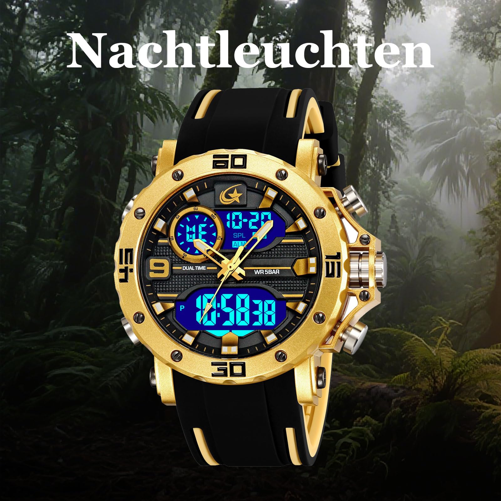 findtime Reloj de hombre militar digital analógico deportivo para exteriores, doble hora, resistente al agua, iluminación LED, esfera grande, reloj con alarma, fecha, 12/24 h, cronómetro, cronómetro