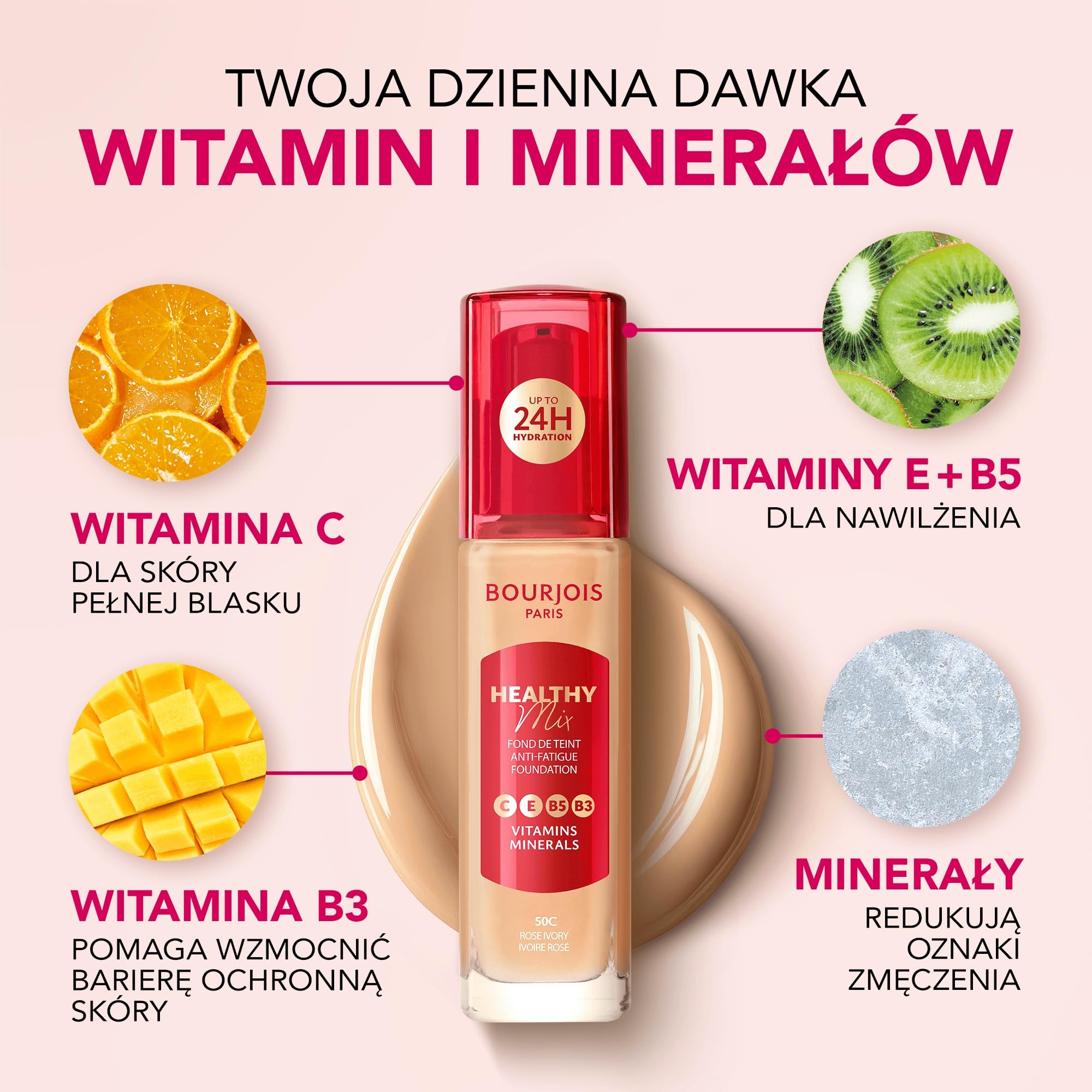 Bourjois Healthy Mix Podkład Niwelujący Oznaki Zmęczenia Z Kompleksem Witamin I Minerałów 51.2W Golden Vanilla, 30 Ml