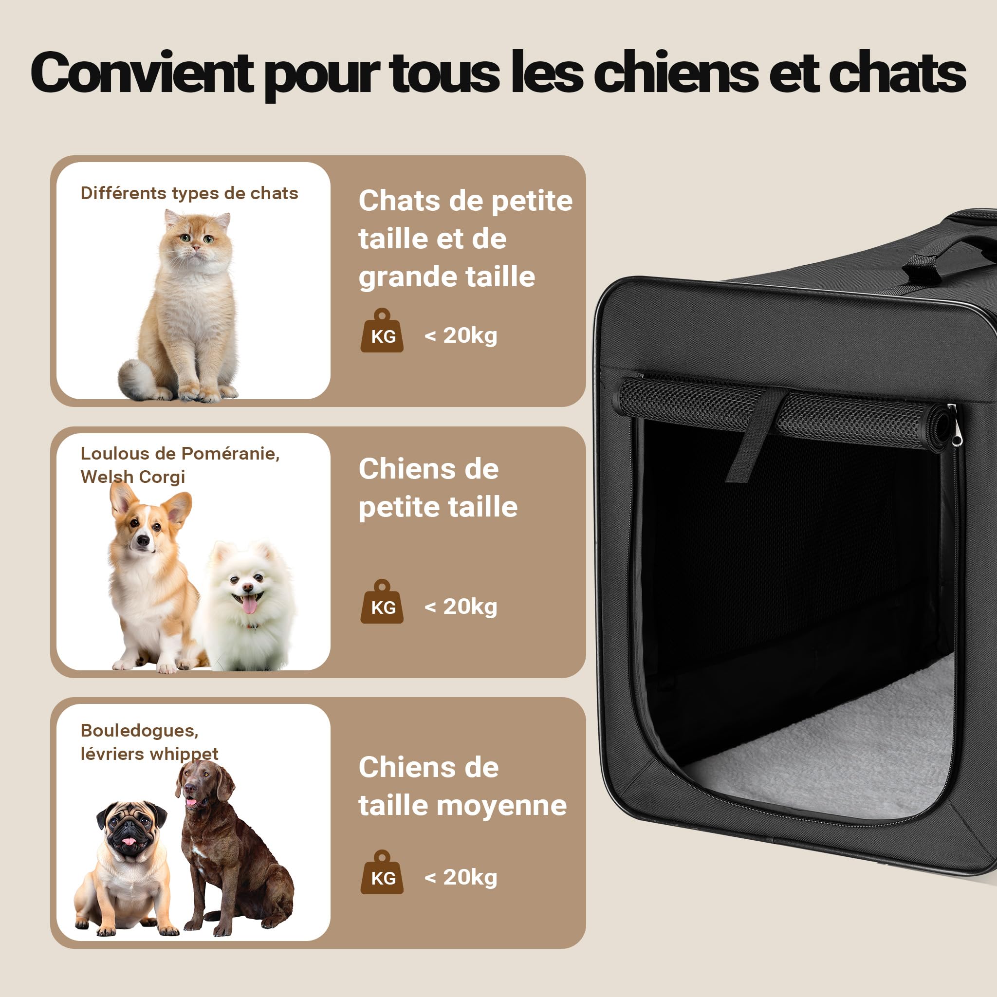 Wiltec Caisse de Transport Noire Pliable pour Chiens Chats Animaux domestiques - Taille XL / 94 x 66 x 74 cm/Charge Max. 20 kg - avec Coussin - boîte Voyages Canine féline