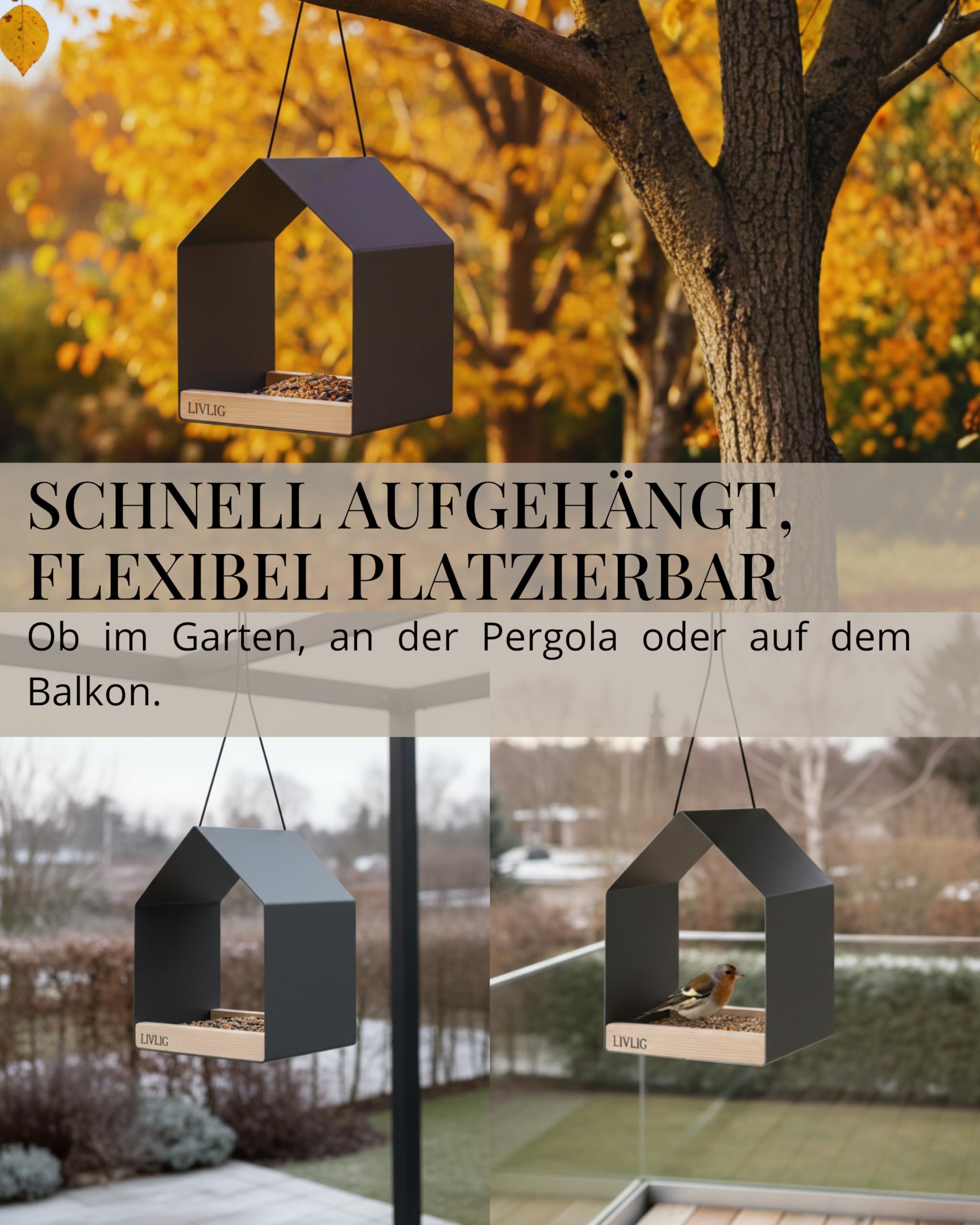 LIVLIG Vogelhaus Metall – 2in1 Vogelfutterhaus & Vogeltränke, Design Vogelhaus zum Aufhängen, wetterfestes Futterhaus für Vögel ganzjährig, Futterspender Vögel, Anthrazit