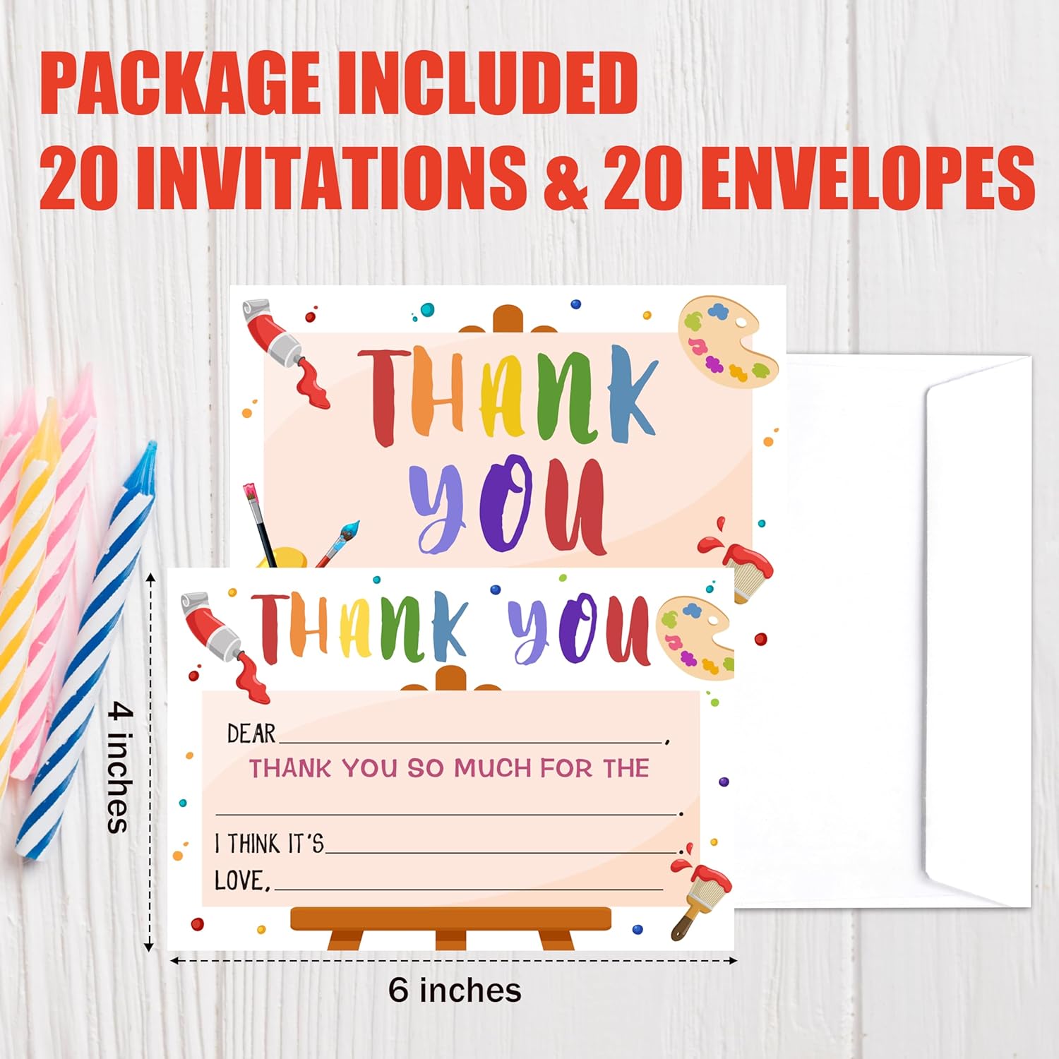 Art Thank You Cards, Painting Thank You Notes For Birthday Party Baby Shower, Colorful Greeting Cards For Kids, 20 Pack Fill In Blank Thank You Cards With Envelopes, 17 - Image 2