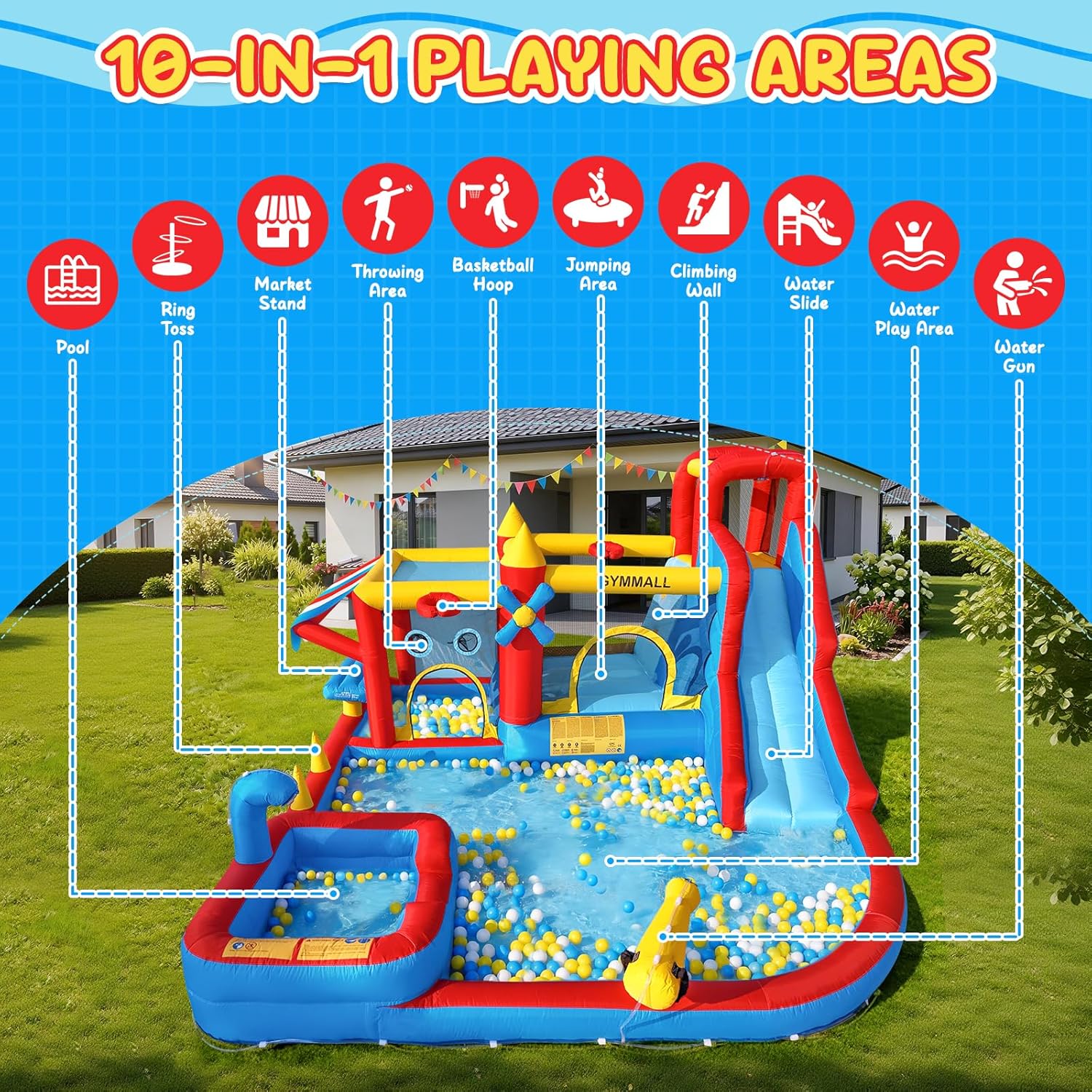 Inflatable Bounce House Water Slide with 550 W Blower, Blow up 10-in-1 Waterslide Park Bouncy Castle Outdoor and Indoor, Bouncer House with Toy Market Stand, Splash Pool and Climbing Wall