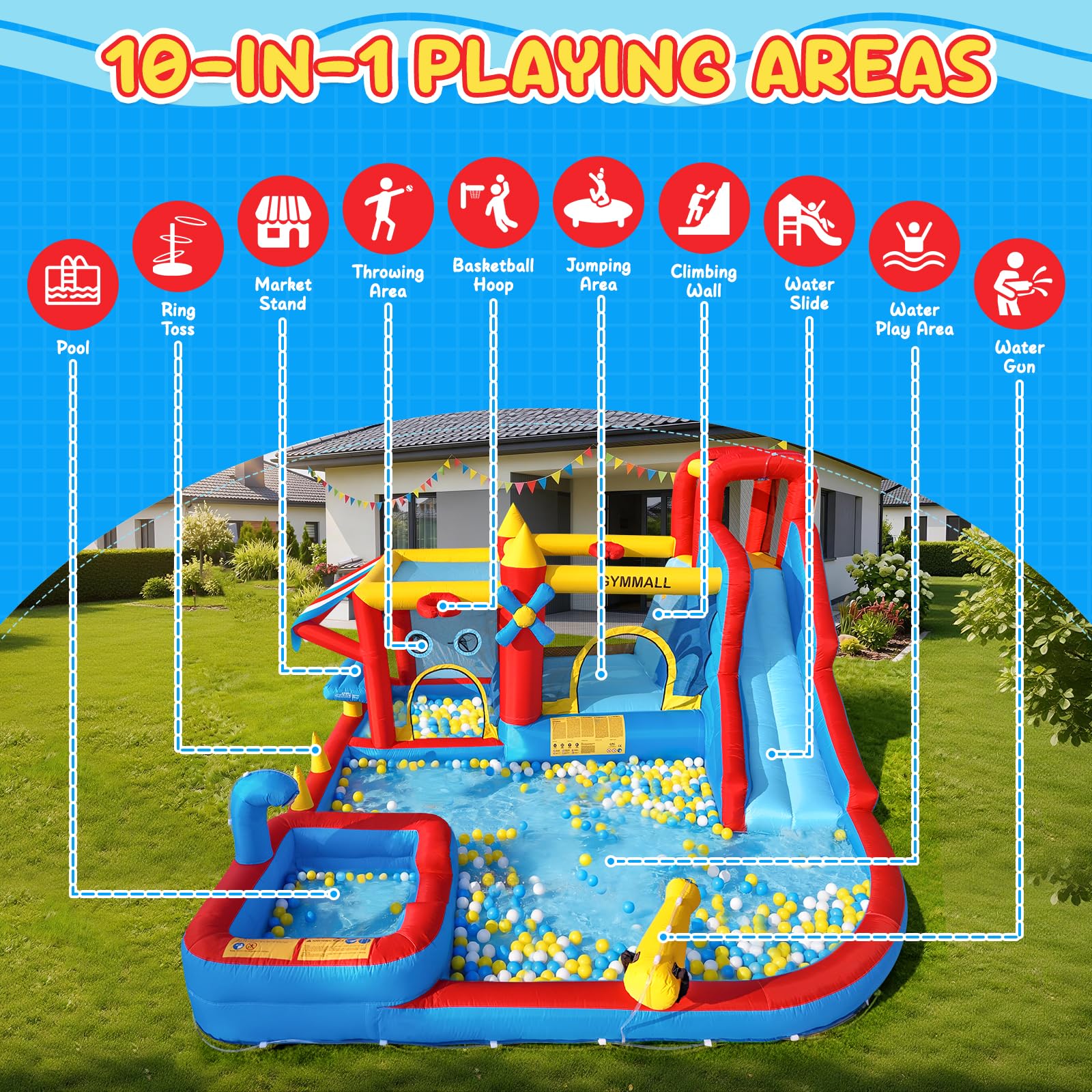 Castello Gonfiabile 10-in-1 Bambini – Supermercato Simulato, Scivolo d'Acqua, Piscinetta, Scivolo Lungo, Trampolino, Ventilatore 550W – Perfetto per Compleanni, Feste, Vacanze