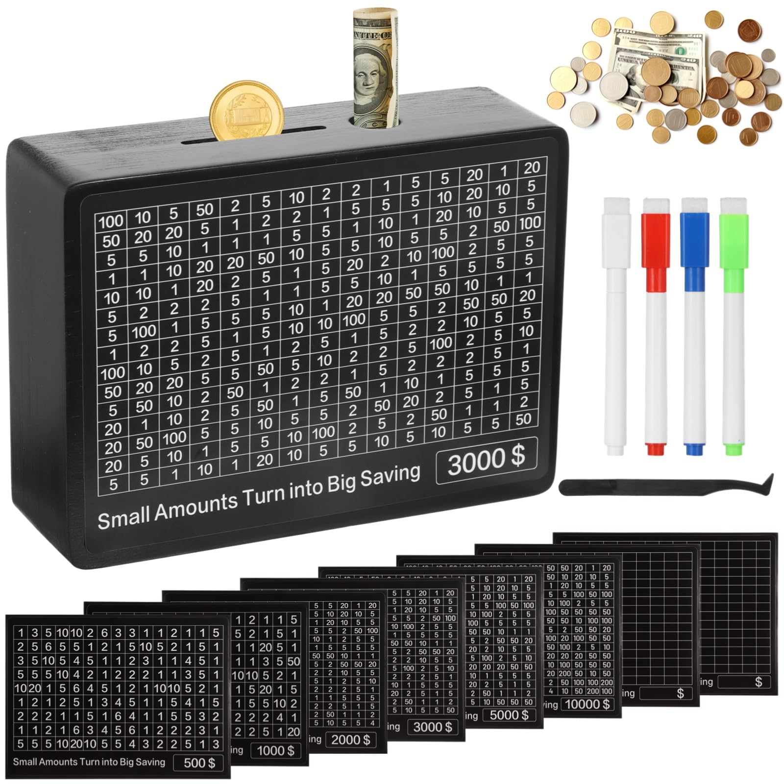 Tideme Cash Vault Wooden Money Box - Cashbox Kakeibo Money Saving Box with 8 Saving Targets,One Piece Cash Vault Wooden Savings Box 10000 Savings Challenge Box for Adults Kids Boys Girls (Black)