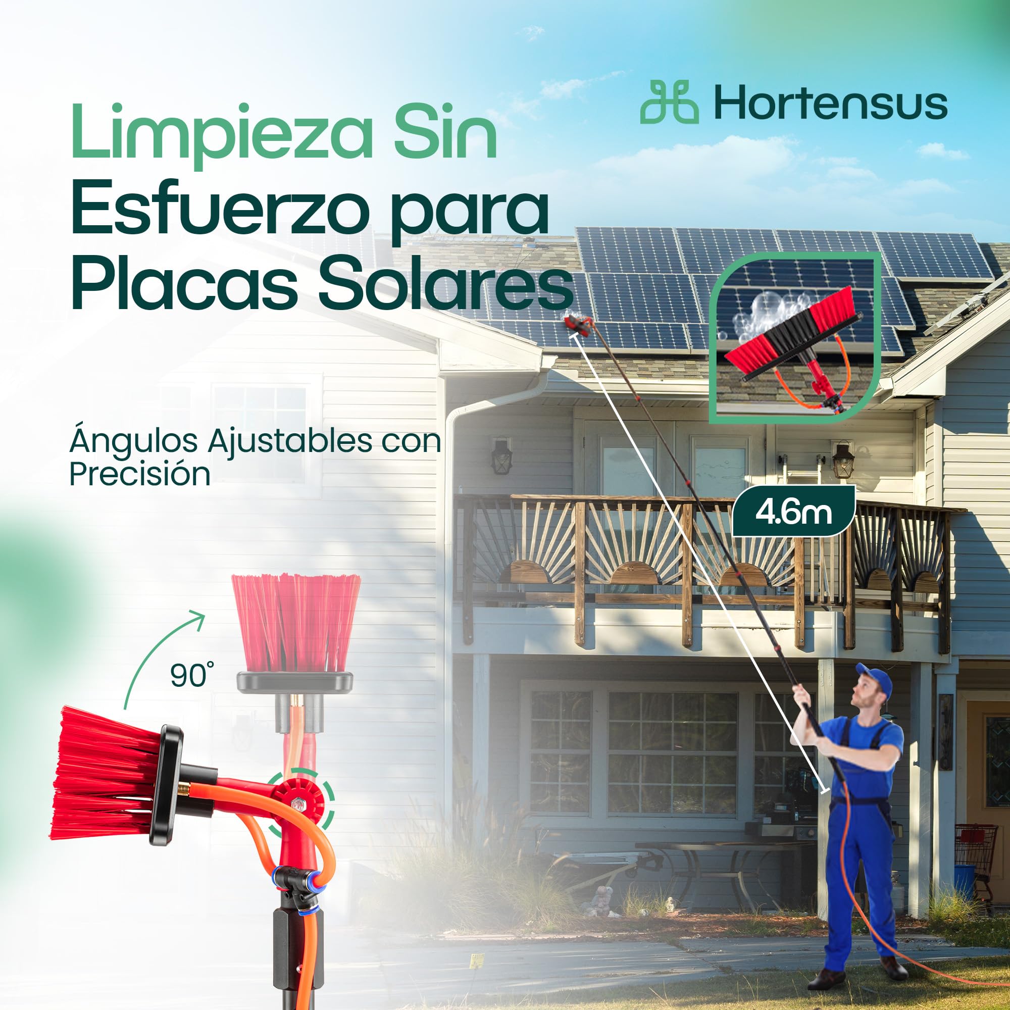 Percha Telescópica 4,6 m con Cepillo High Clean | Escoba Telescópica, Limpieza de Techo y Placas Solares, Cepillo Multifunción
