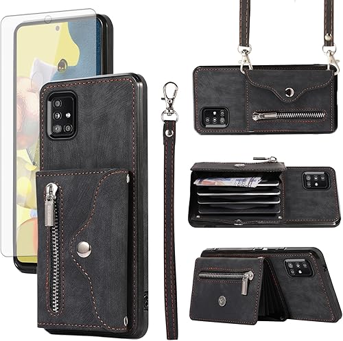 Funda para teléfono Samsung Galaxy A71 5G con protector de pantalla de vidrio templado y correa cruzada para la muñeca, cordón para tarjeta de