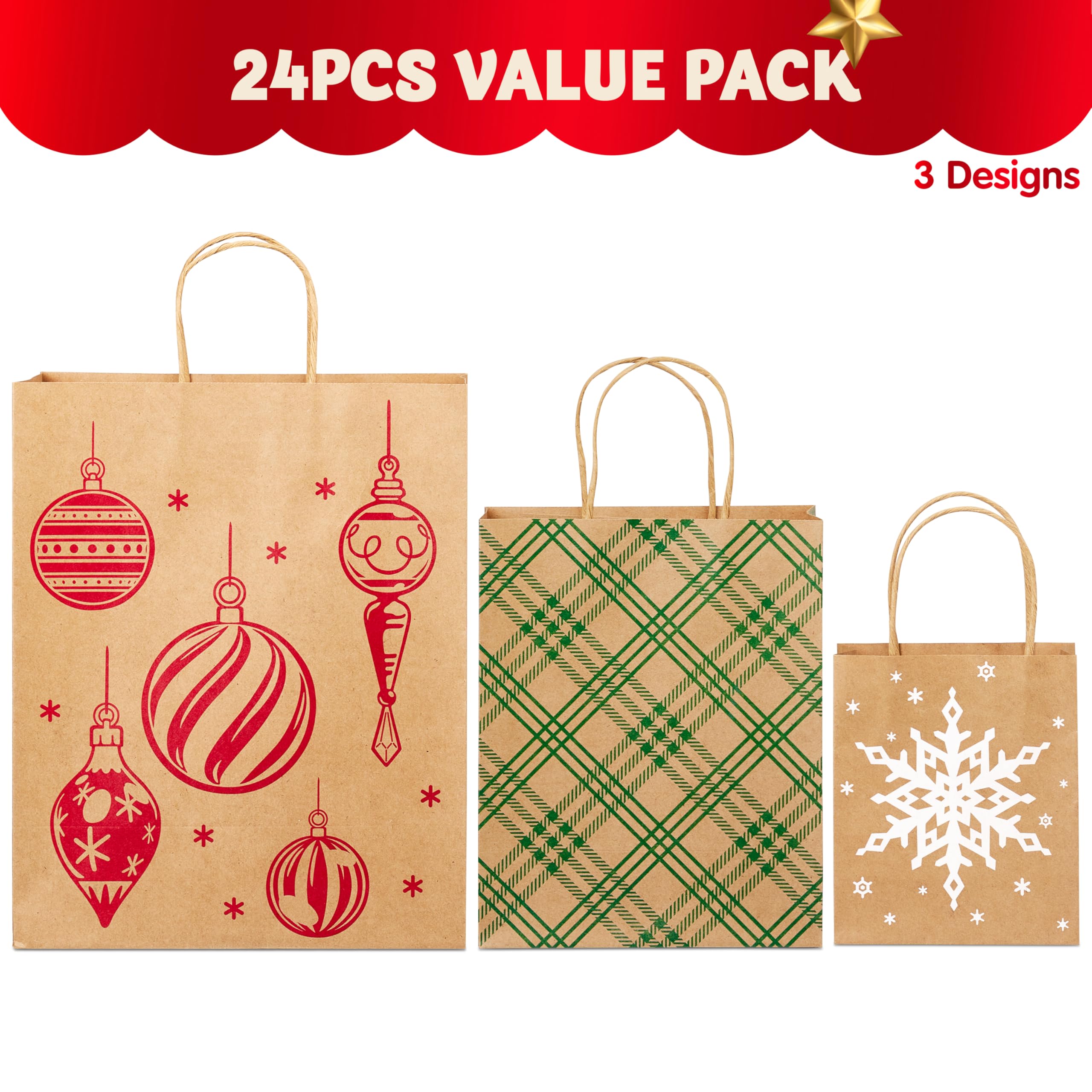 JOYIN Lot de 24 sacs cadeaux de Noël en papier kraft de tailles assorties, sacs d'emballage réutilisables avec poignées pour fête, anniversaire, festival, salle de classe, friandises, bonbons et
