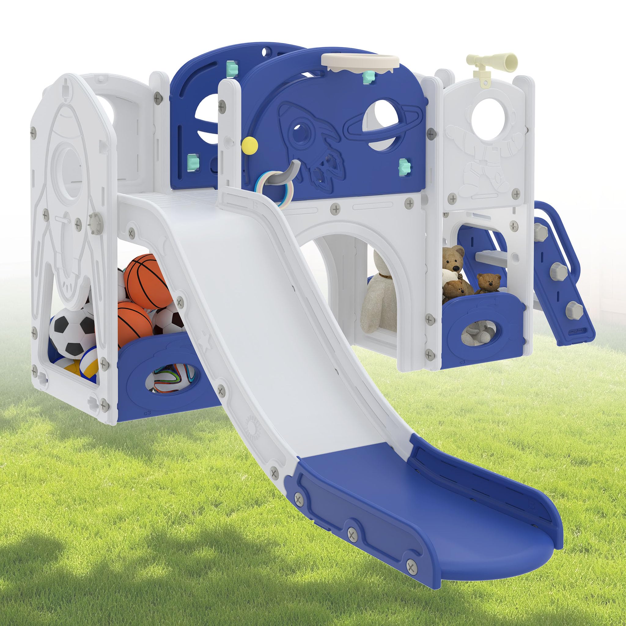 Aufun 5-in-1 Kinderrutsche für Kleinkinder, Multifunktionales Spielset mit Rutsche, Basketballkorb, Tunnel, Stauraum, Kletterleiter, Werkzeugfreie Montage, Stabil Freistehenderutsche Spielzeug