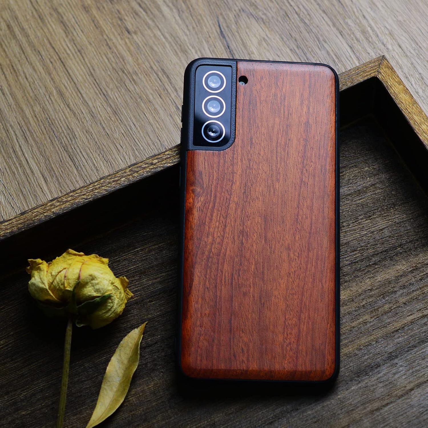 Carveit Wood Case for Galaxy S21 FE Case 2022 [Hard Real Wood & Soft Black TPU] Shockproof Hybrid Protective Unique Wooden Cover Compatible with Samsung Galaxy S21 FE 5G (Rosy)