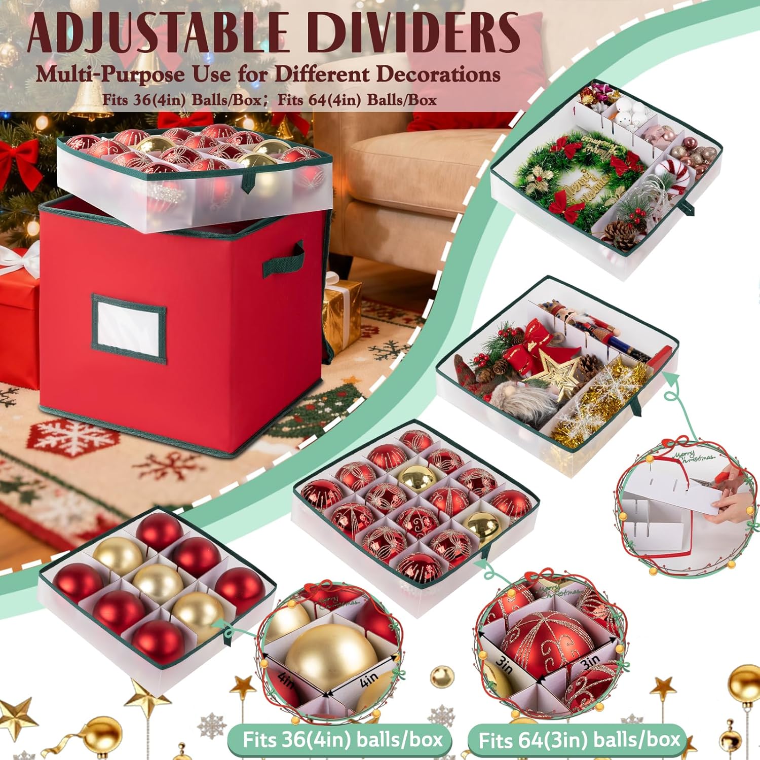 OIAHOMY 2 Pack Ornament Storage Box with Handle, Each Ornament Storage Holds 64 Balls, Christmas Decoration Box Include Plastic Trays and Zip-Lock Lid, Made of 600D Oxford Fabric - Red - Image 5