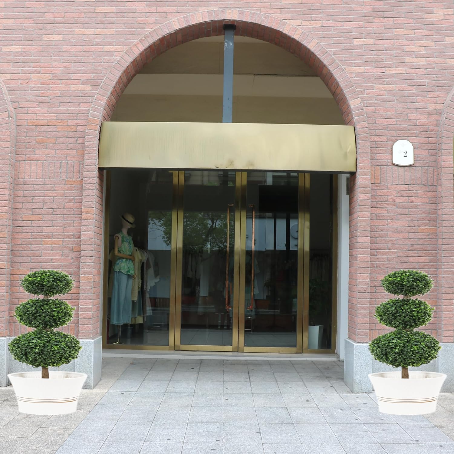 2 Pack 33 inch Artificial Boxwood Ball Topiary Trees with Ground Spike Faux Topiaries Tree Plants Fake Shrub Bushes for Front Door Family Office Indoor Outdoor Decor