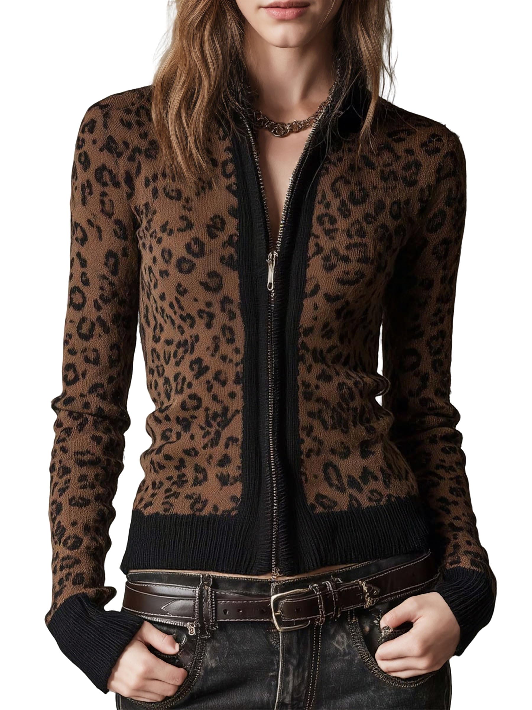 CHARTOU Women Leopard Zip Up Cardigan Color Block Slim Fit Open Front Sweater Coats