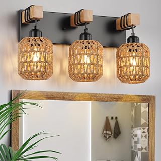 3 Light Bathroom Vanity Light Fixtures, Rustic Style Wood Bathroom Wall Sconce, with Boho Wicker Lampshade,Suitable for Bedroom, Hallway, and Living Room,Rattan Black Farmhouse Wall Sconce