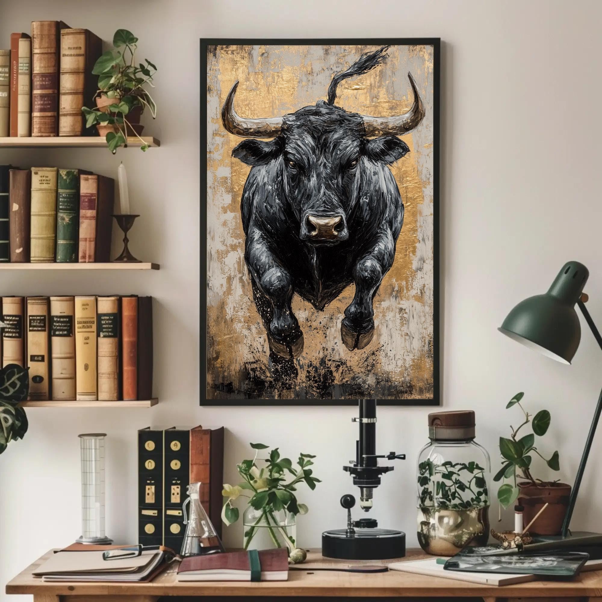 LMYCHENG Czarny byk abstrakcyjny plakat na płótnie - retro rustykalna sztuka ścienna dekoracja farmy ranczo portret zwierząt (70 x 110 cm/bez ramki)