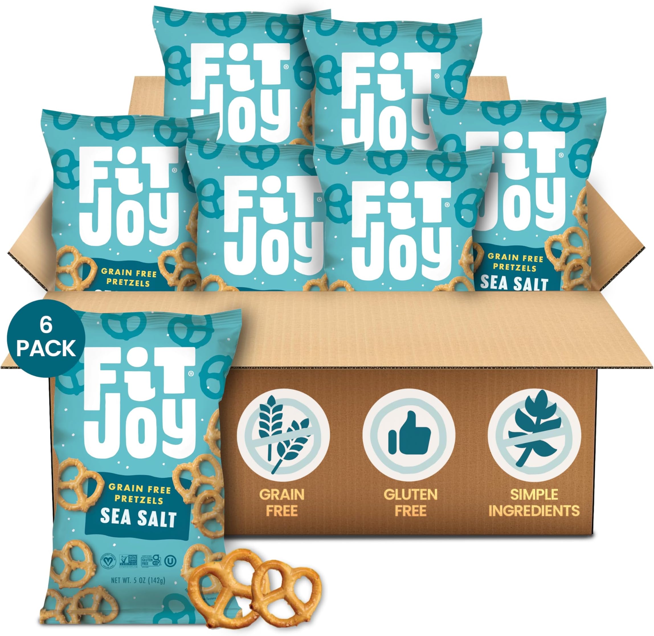 Gluten Free Pretzels, Sea Salt Twists, Grain Free, Nut Free, Non-GMO Vegan Certified, Cassava and Chickpea Flour, 5 Oz, 6 Bag Pretzel Pack