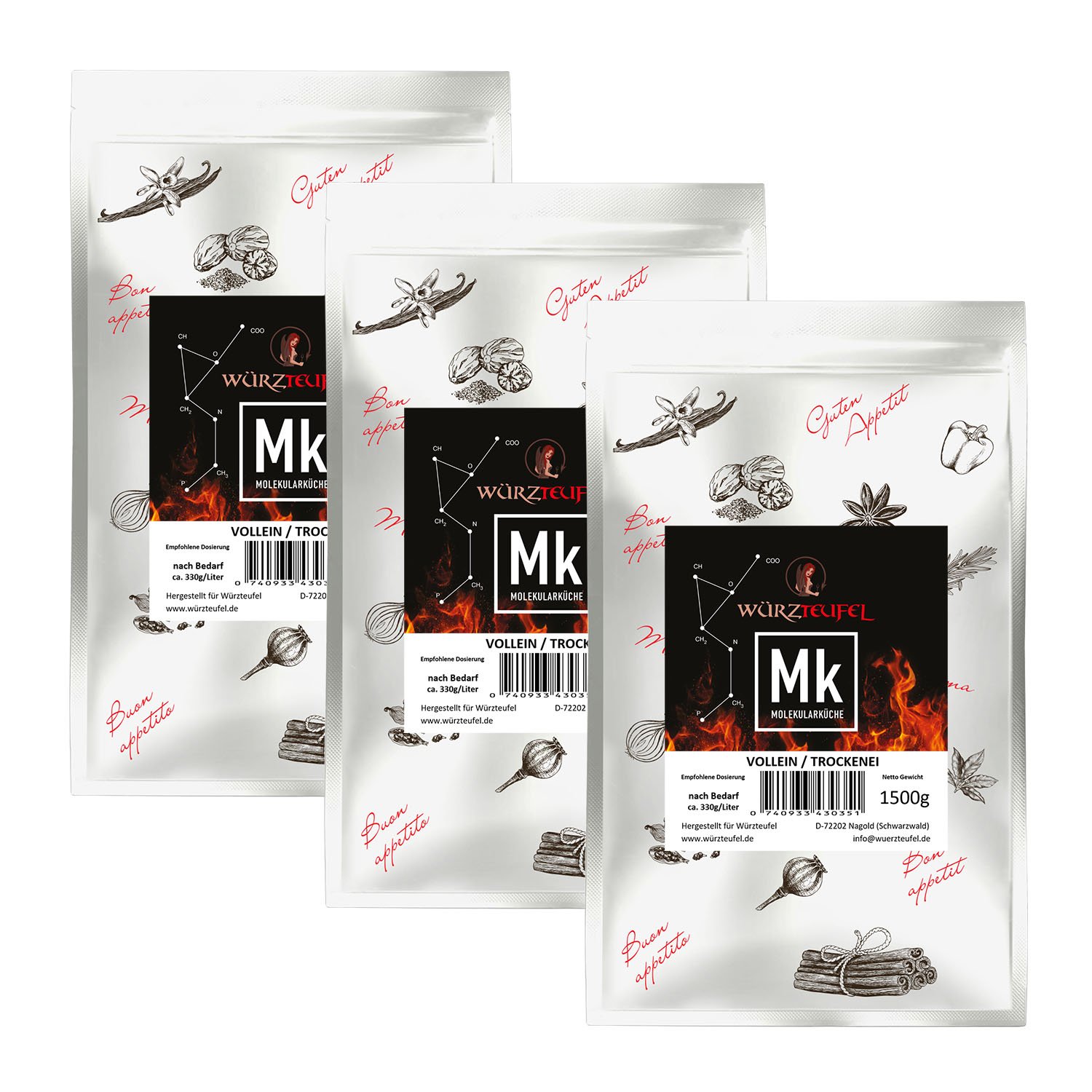 Vollei - Protein, Volleipulver, Trockenei. Sprühgetrocknet. Mit Eiern aus Bodenhaltung. 3 Beutel je 1500g. (4,5 KG)