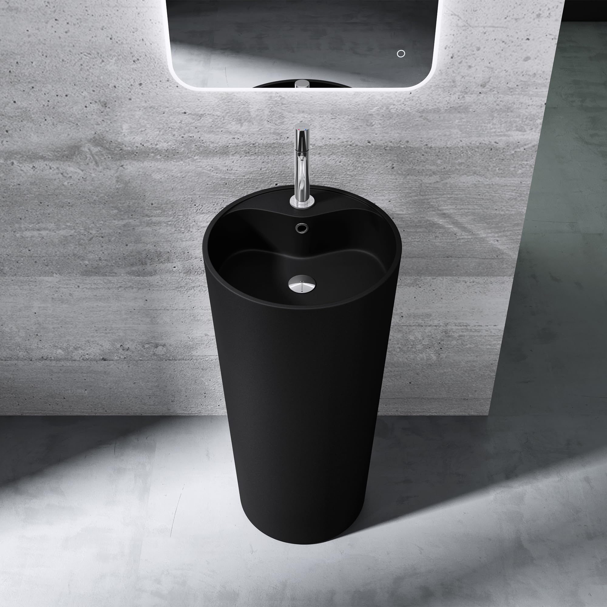Mai & Mai Lave Mains Colonne Évier Vasque sur Pied 45x45x90cm en Résine De Synthèse Noir Mat Rond Avec Perçage Pour Robinet Lavabo Avec Trop-Plein À Poser Au Sol Col35