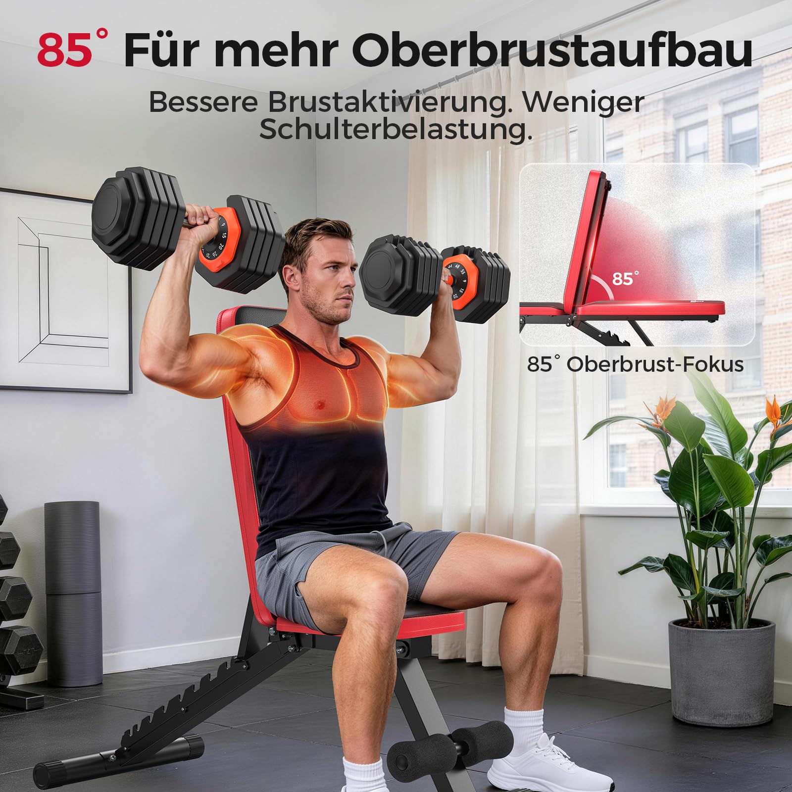 Verstellbare Hantelbank mit Kopfstütze, 300 kg Tragfähigkeit, 10-fach verstellbare Rückenlehne, doppelt gestützte Trainingsbank für Brust, Schultern und Arme, kompakt und klappbar