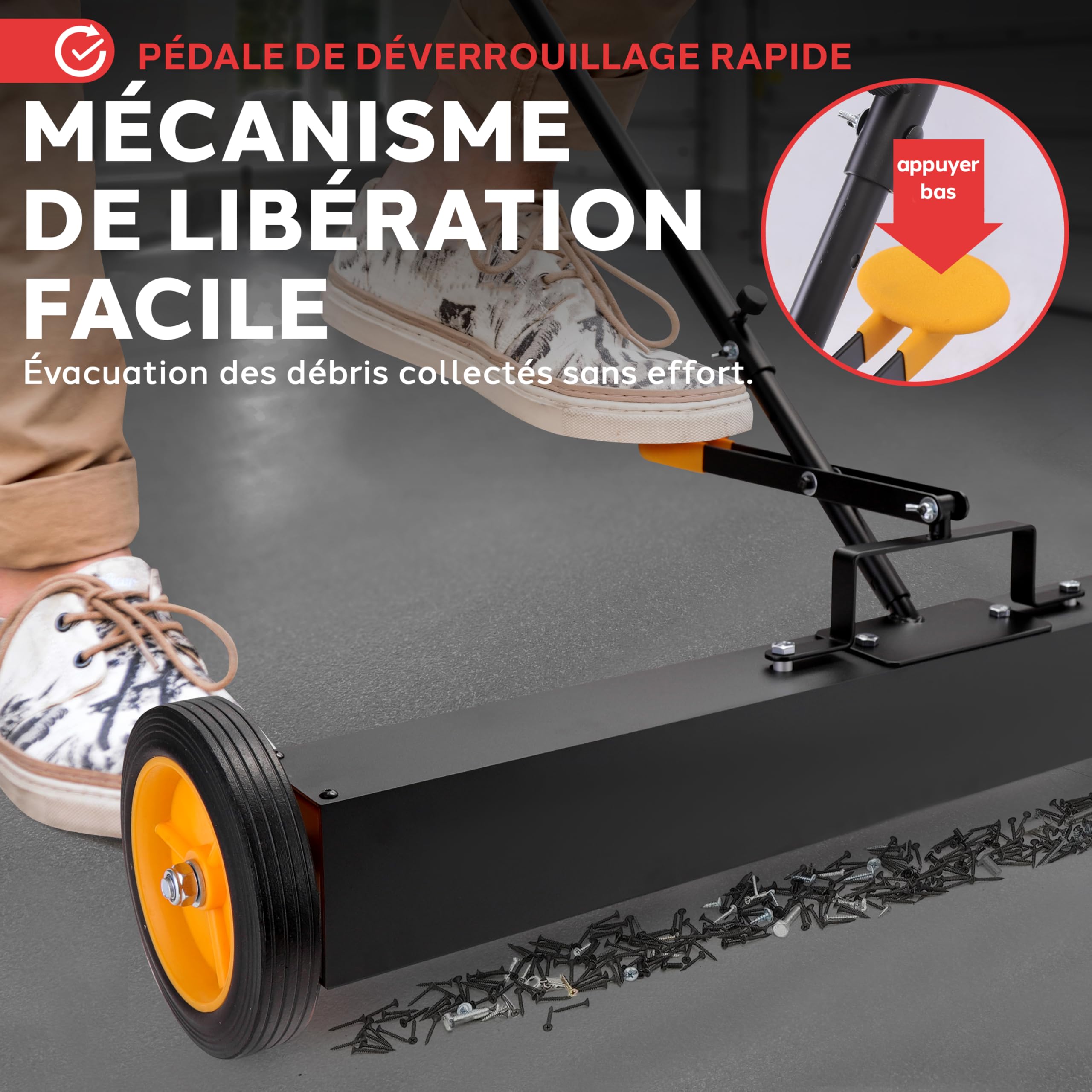 Pyle Balayeuse Magnétique Roulante 91 cm avec Manche Réglable Ramasseur de Métaux Robuste