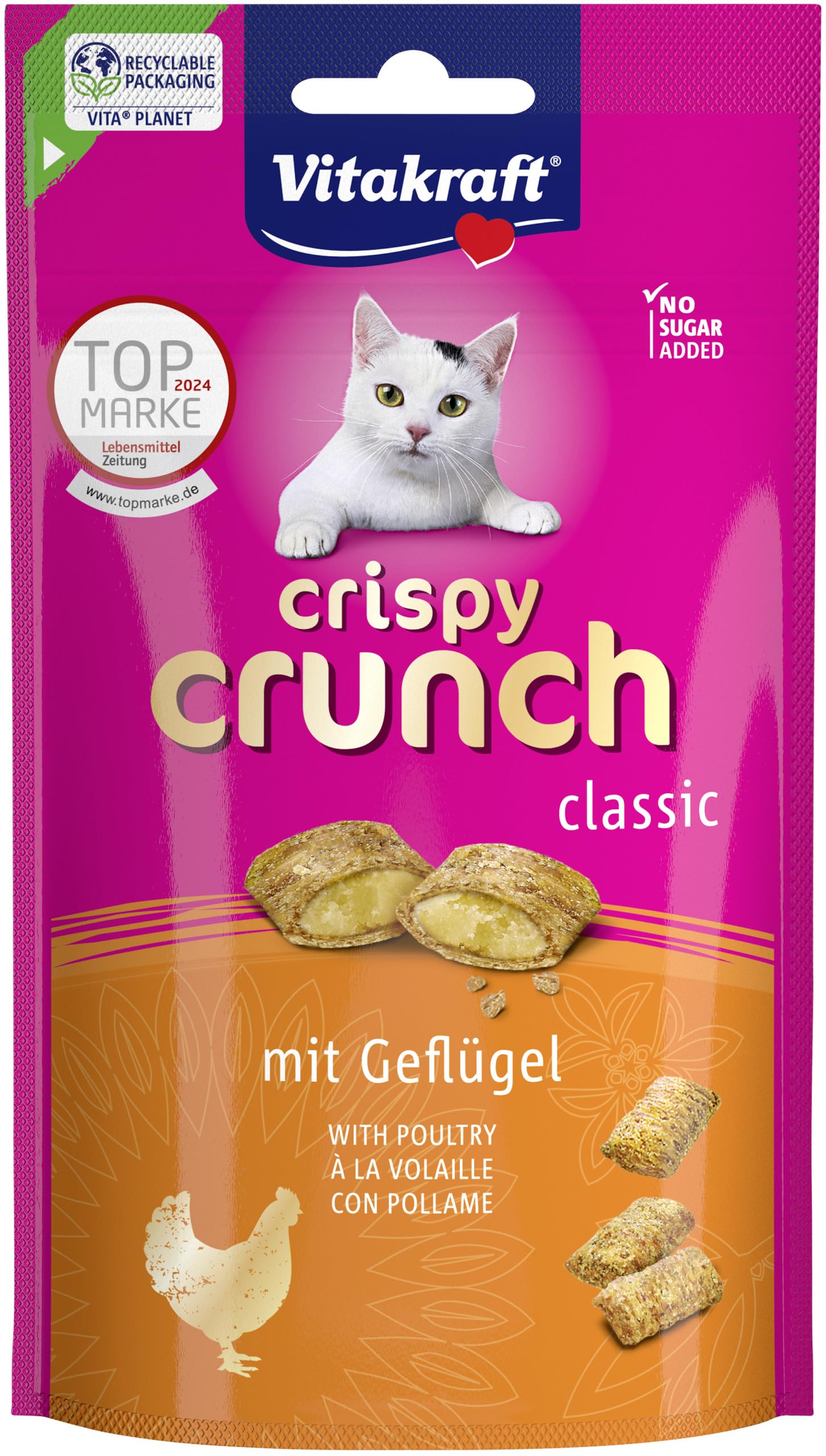 Vitakraft Crispy Crunch Classic, Katzen Leckerli, knuspriger Katzensnack gefüllt mit Geflügel, im wiederverschließbaren Beutel, ohne Zusatz von Zucker (1x 60g)