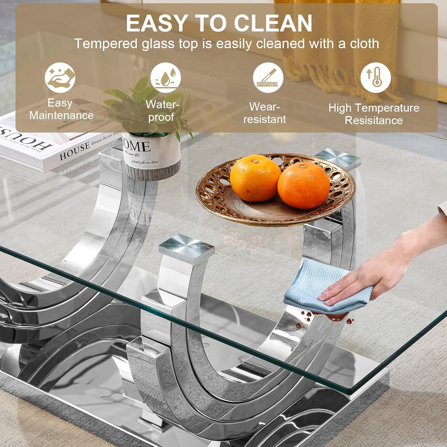 Luxury Silver Glass Console Table, Modern 47" Rectangle Entryway Table with Mirrored Ring-Shape Stainless Steel Base, Clear Glass Sofa Tables Behind The Couch Hallway Tables for Living Room