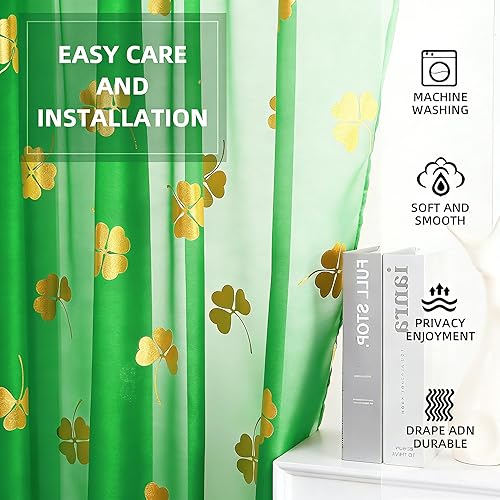 Miniatura 5 de youleyar Cortinas traslúcidas para el Día de San Patricio, cortinas transparentes de gasa con estampado de trébol dorado, 2 paneles, con bolsillo