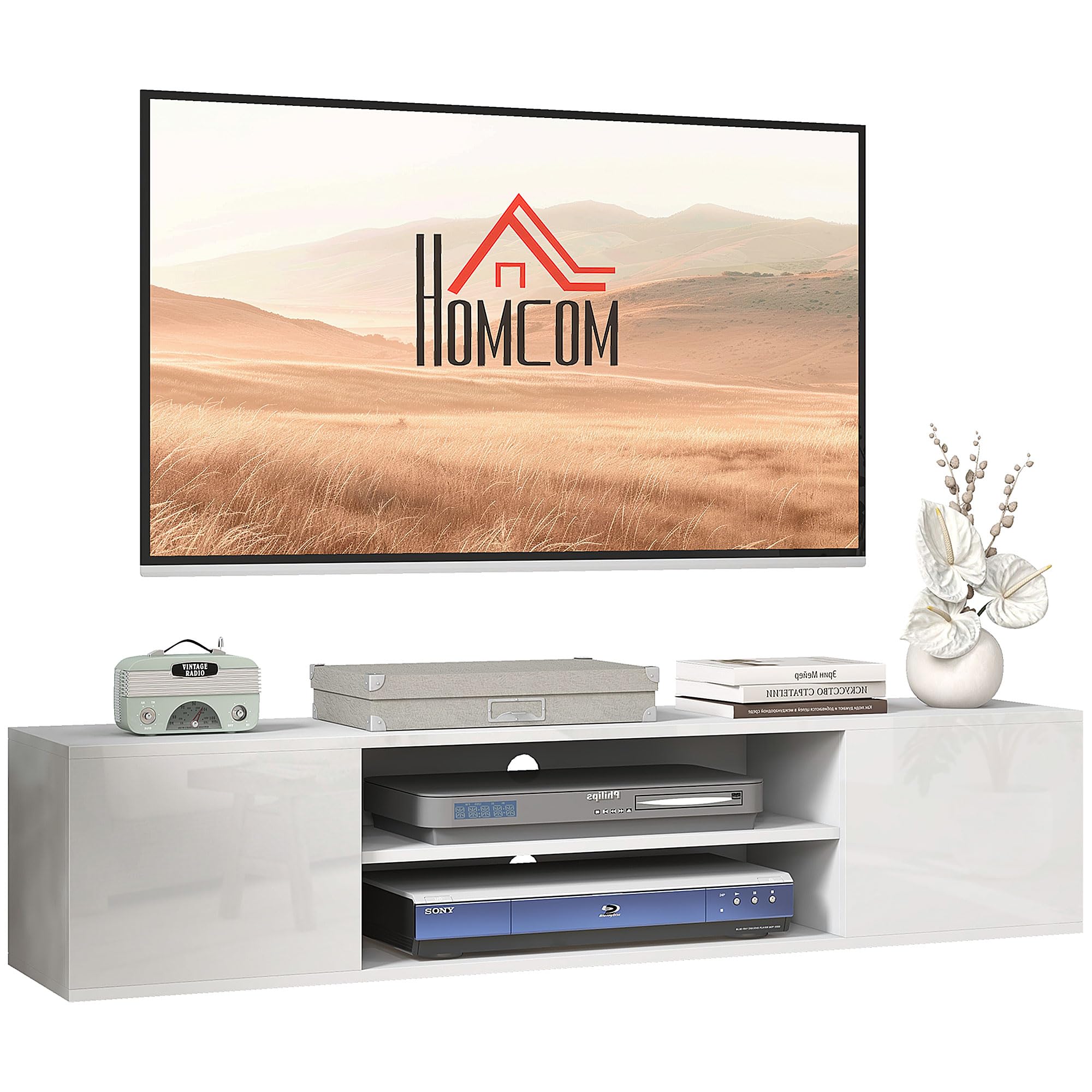 HOMCOM Meuble Banc TV Mural Suspendu Style Contemporain - 2 placards 2 Passe-câbles et 2 niches centrales 140 x 30 x 30 cm Blanc