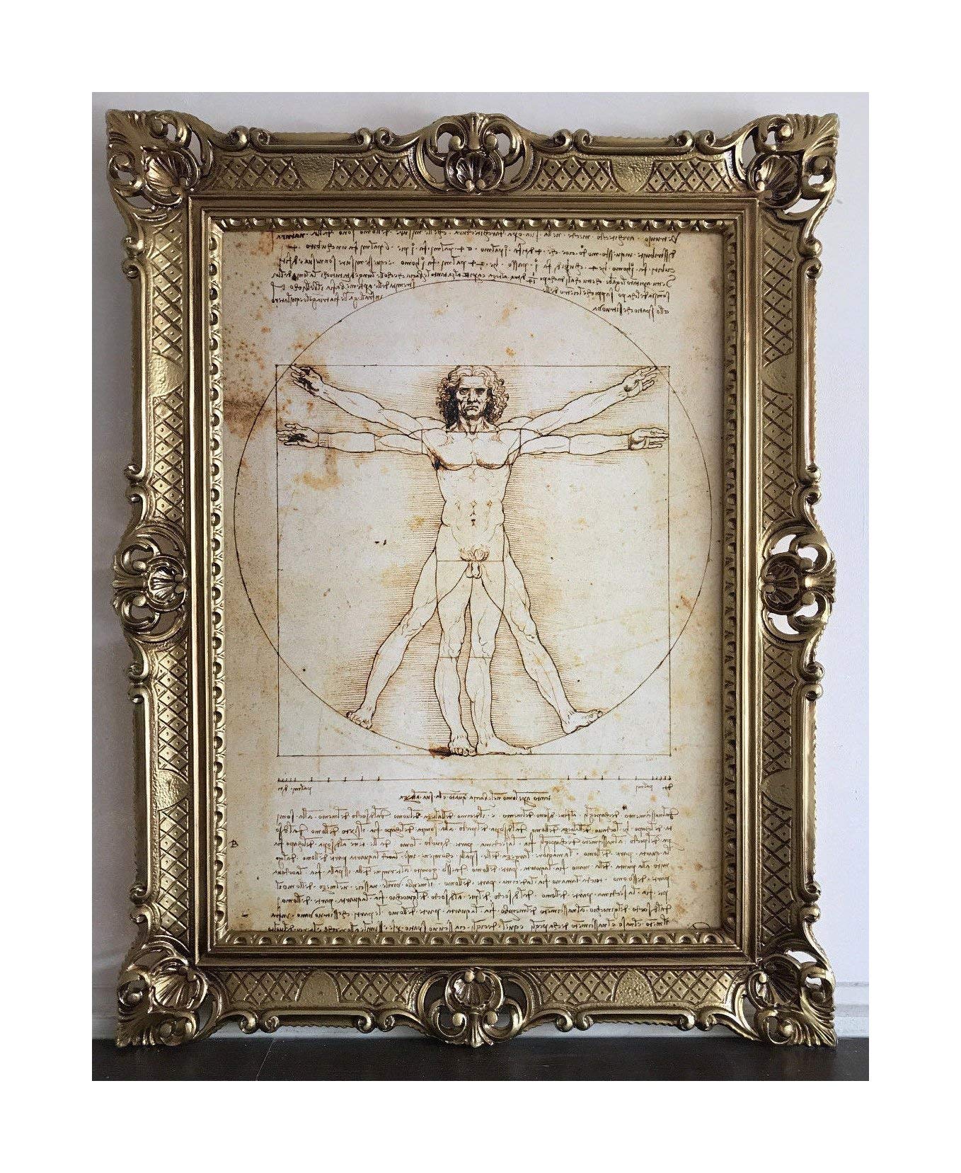 Lnxp Vitruvian Man Vitruvianischer Mensch Bild mit Barock Rahmen Wandbild von Leonardo da Vinci 70x90cm Kunstdrucke Gemälde Retro Repro Antik für Home Büro Praxis Café 58B
