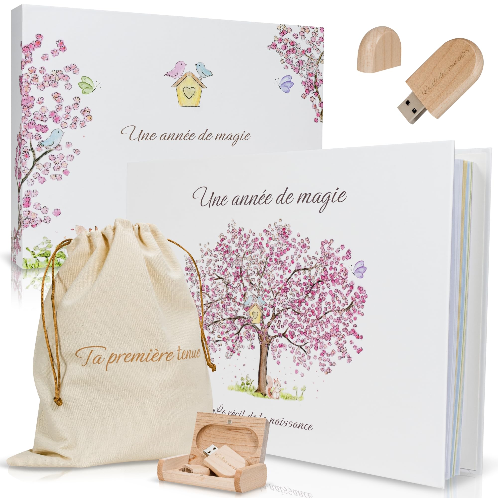 Livre de naissance bébé avec Clé Usb pour les souvenirs numérique et Pochon pour la 1ère tenue- Album Photo Bebe 116 pages pour coller vos photos et écrire - Idéal Cadeau naissance fille et garçon
