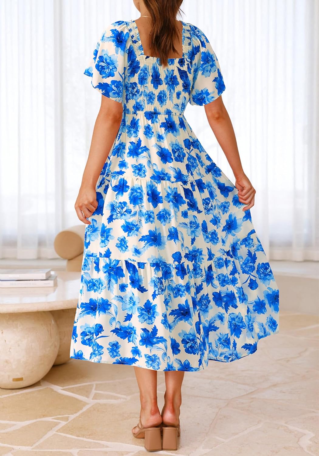 BTFBM Women's Clothing Wedding Guest Dresses Casual Boho Floral Short Sleeve Smocked Maxi Beach Spring Summer Dress 2026 - Image 4