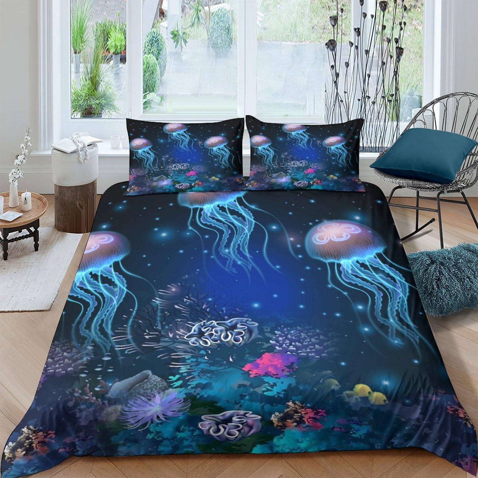 Ctjqhvkz Style-4 3D Printed Jellyfish Ocean Fitted Sheet Microfiber Soft Blue Underwater Coral Bed Cover For Bedroom Guestroom Mattress Decor Single（135X200cm）