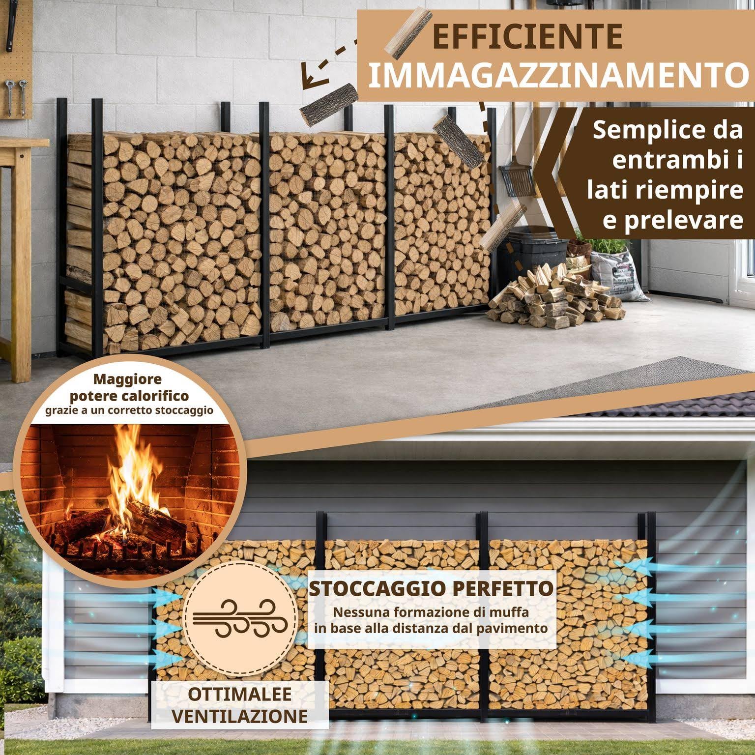 Portalegna da esterno in metallo zincato 335 x 25 x 115 cm legnaia salvaspazio per legna da ardere porta legna per ciocchi da 25 a 33 cm giardino terrazzo XXL nero