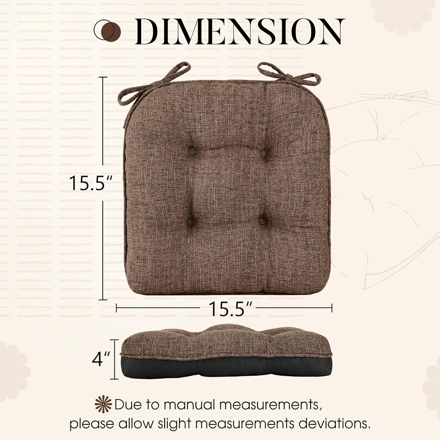 Basic Beyond Chair Cushions for Dining Chairs 4 Pack, Chair Cushion with Ties and Non Slip Backing, 15.5 x 15.5 inches Tufted Chair Pads for Dining Chairs(Brown) Brown 4 Count (Pack of 1)