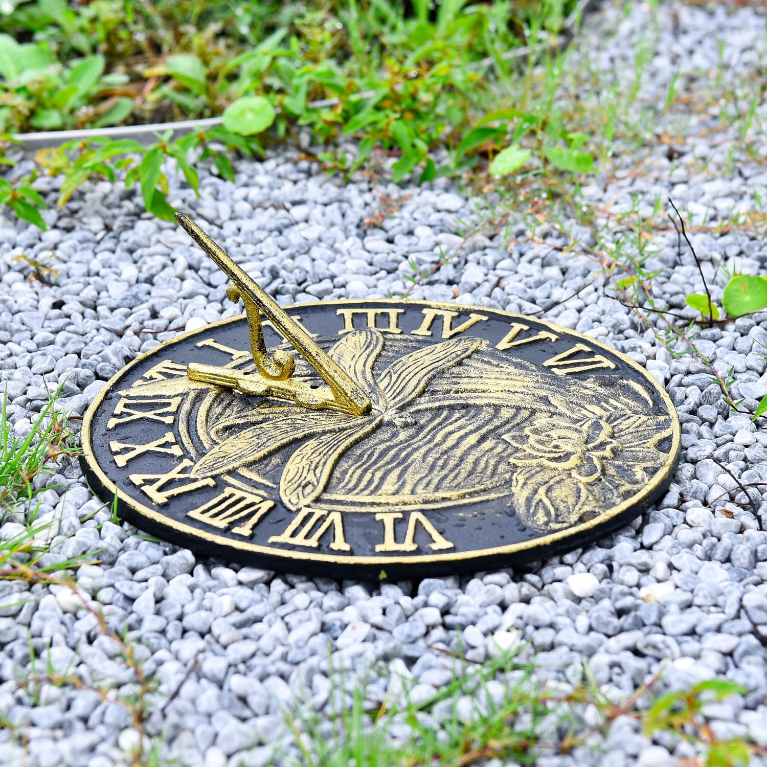 Sungmor Cast Iron Dragonfly Sundial, 10 Inch Dia Vintage Sun Dial Dragonfly & Lotus Decor, Verdigris Finish with Gold Highlights, Outdoor Decorative Clock, Pretty Garden Patio Ornament