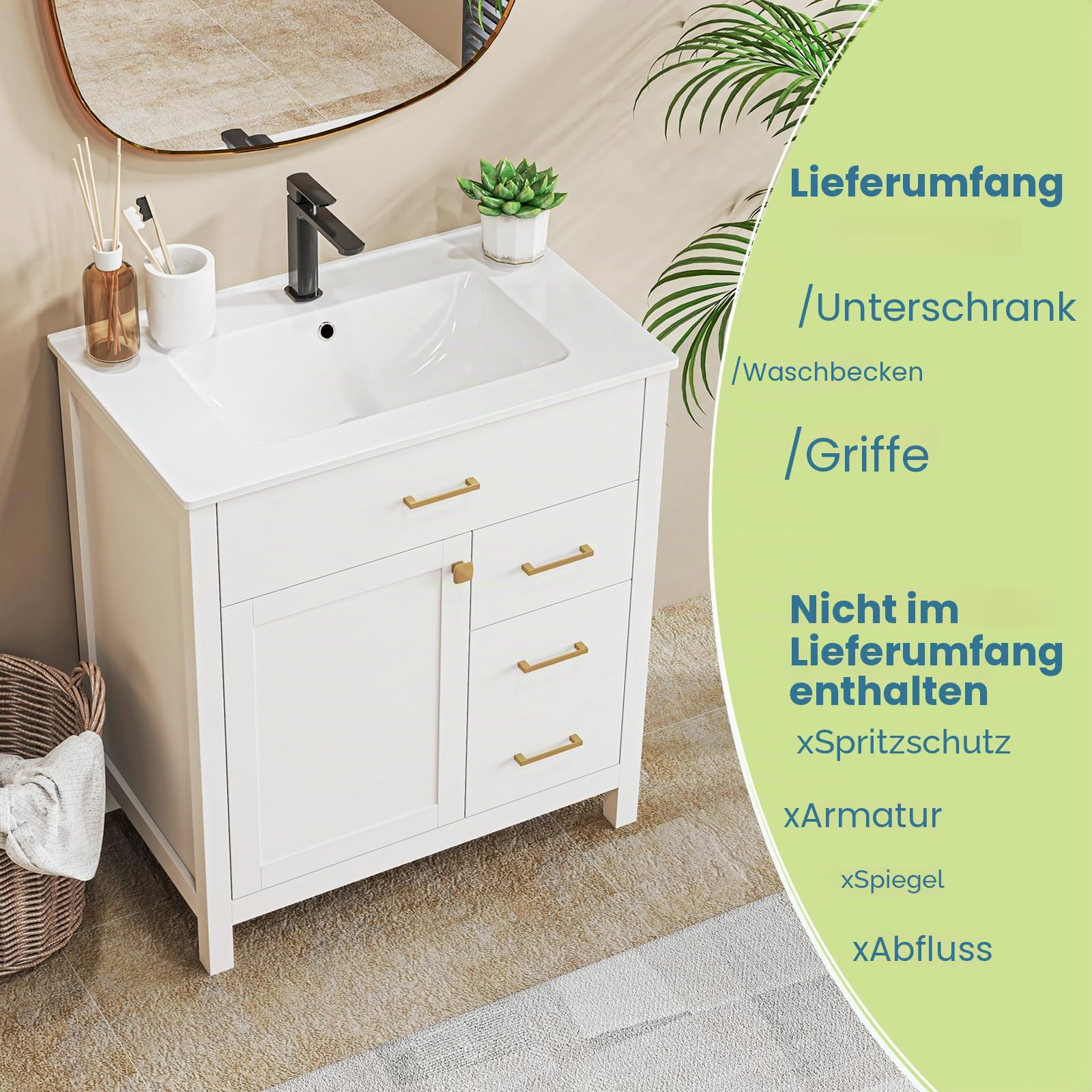 LIFEZEAL Badezimmerschrank mit Waschbecken, Waschbeckenunterschrank mit Keramikspüle, 2 Schubladen und Türen, Waschbeckenschrank Weiß 76 x 46,5 x 86 cm