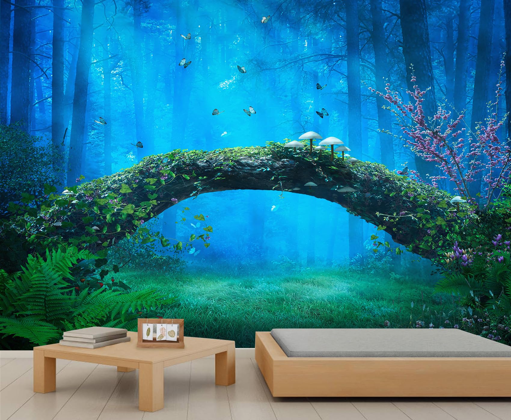 Blue Forest Mural Wallpaper Mushroom Butterfly Jungle Plant Murals Sunshine Forest Natural Scenery Wallpaper for Bedroom Bathroom Sofa Wall Kids Room 350 x 256 cm