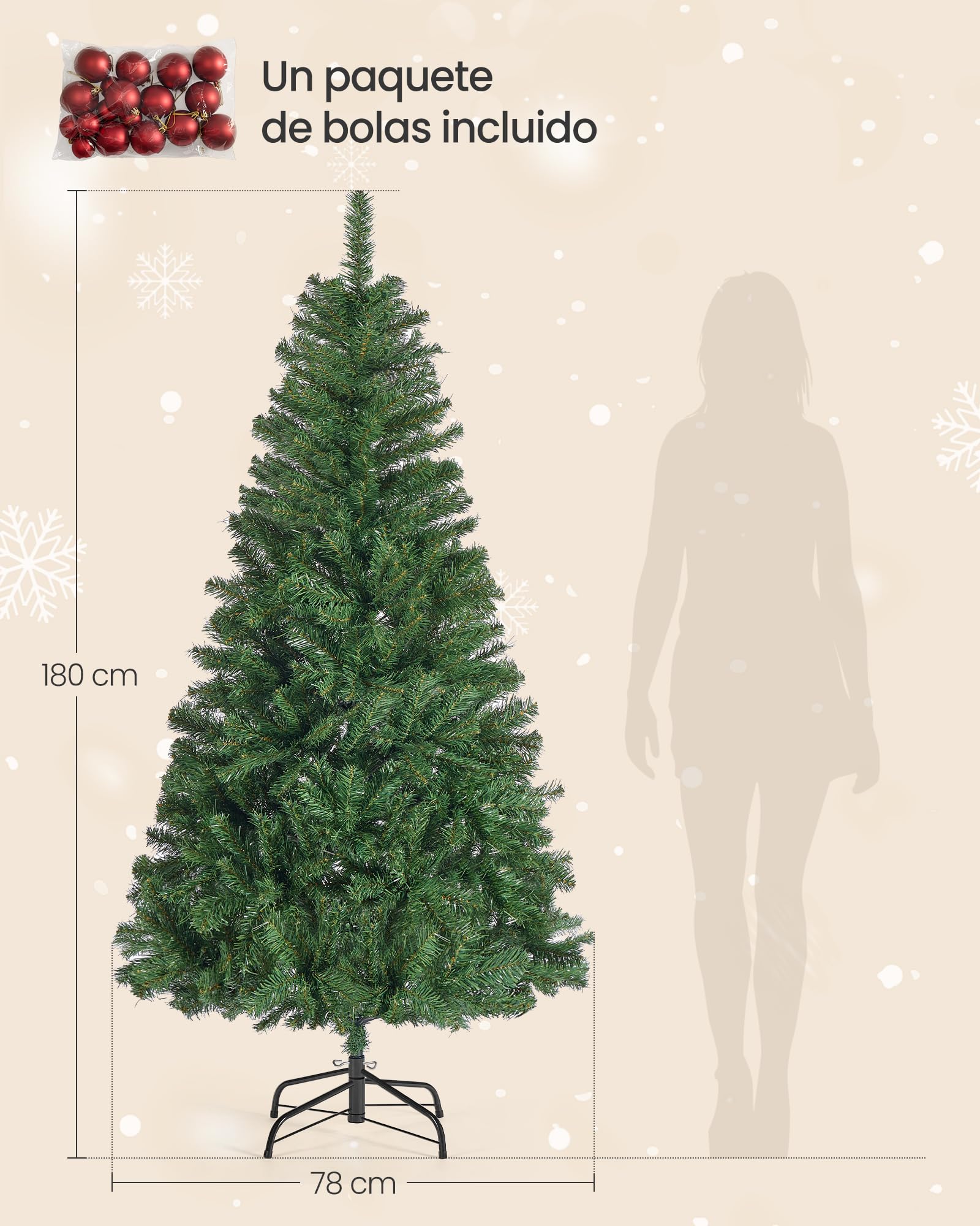 SONGMICS Árbol de Navidad Artificial, Abeto de 180 cm, Ramas de PVC, con Soporte de Metal, Montaje Rápido, Verde LAT002CZ01