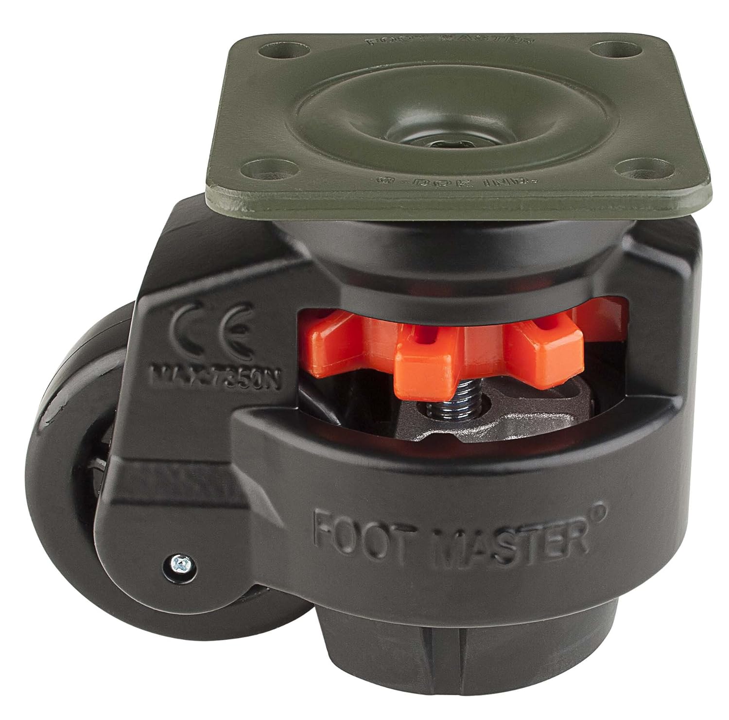 FOOT MASTER GD-100-F-NYN-FBL Leveling Caster, 75 mm Nylon 66 Wheel, Flat Black, Height Adjustable Foot Pad, Plate Mounted Swivel Caster, 800 kg Load Rating