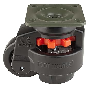 FOOT MASTER GD-100-F-NYN-FBL Leveling Caster, 75 mm Nylon 66 Wheel, Flat Black, Height Adjustable Foot Pad, Plate Mounted Swivel Caster, 800 kg Load Rating
