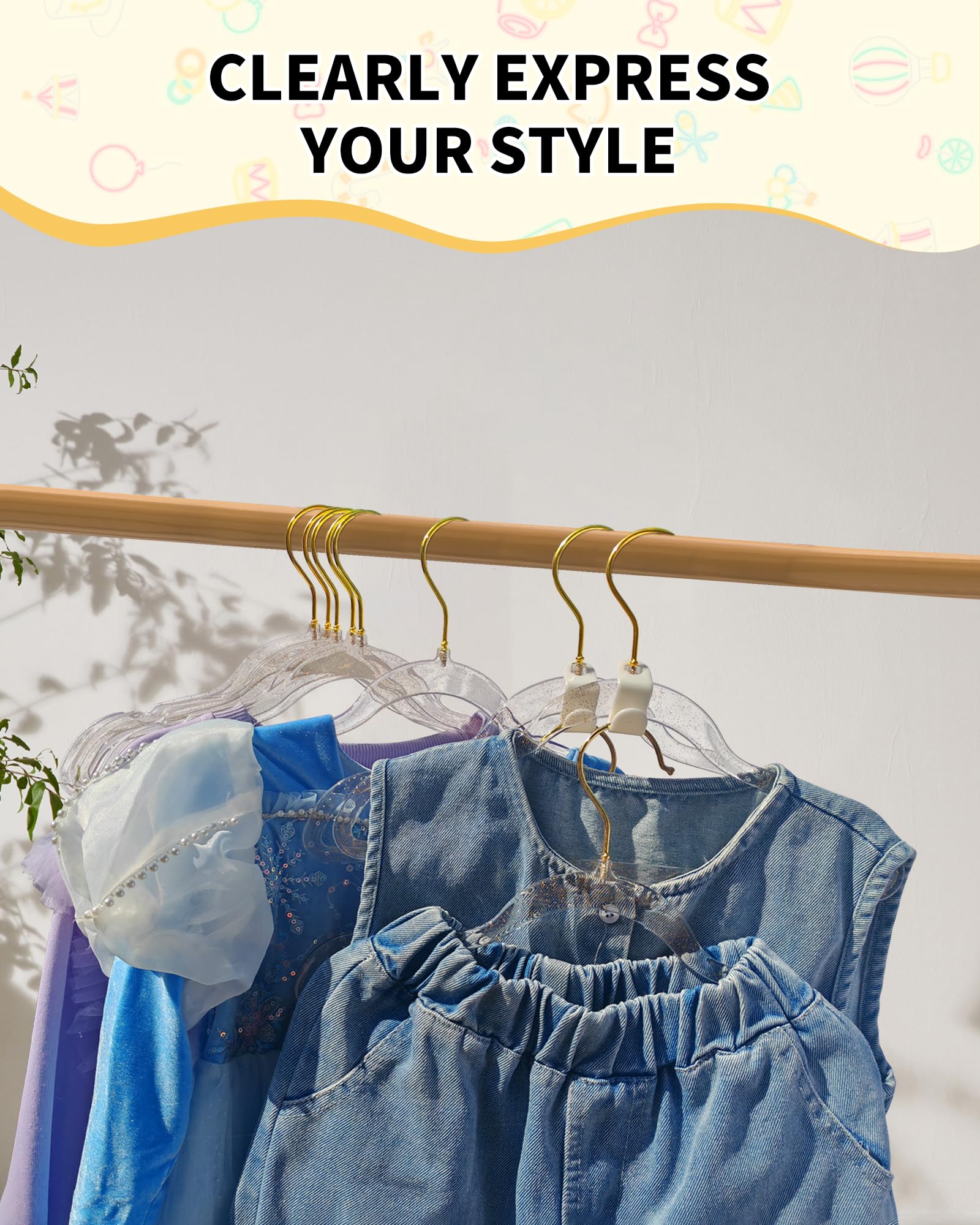 HGYZE Perchas transparentes para niños, 50 perchas ultrafinas para bebés con 10 ganchos de conector, organizador de armario, colgador de abrigo infantil, percha para niños y niñas, perchas doradas