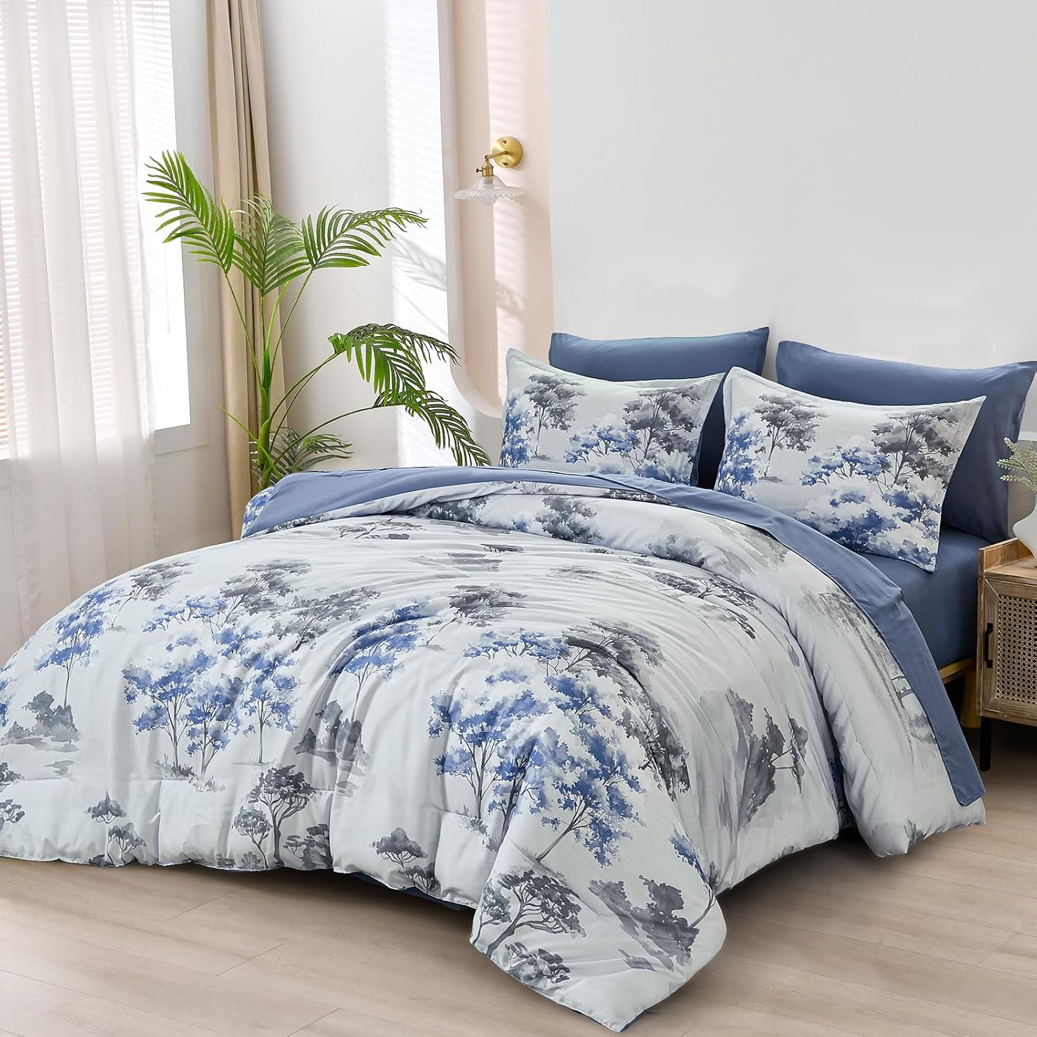 Dinjoy King Size Comforter Set, 7 Piece King Size Bed in a Bag, Blue Lightweight Comforter King, Bed Sets King, Flower Bedding Sets with Comforter, Fitted & Flat Sheets, Pillowcases & Pillow Shams