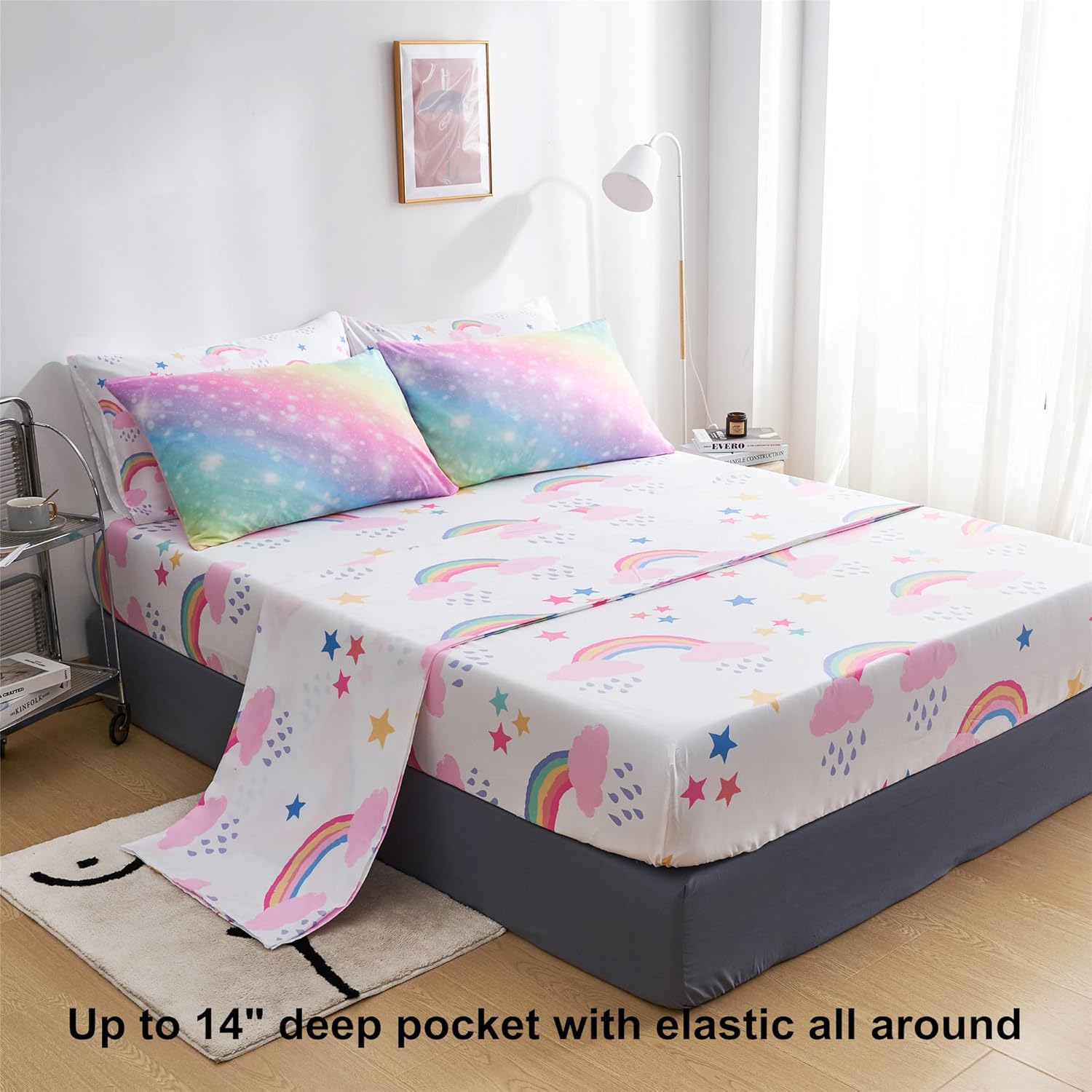 Rainbow Girls Full Comforter Set with Sheets, 7 Pieces Full Bed in a Bag with Comforter, Sheets and Pillowcases, Soft Microfiber Pastel Glitter Fun Girly Full Bedding Set for Kids Teens - Image 4
