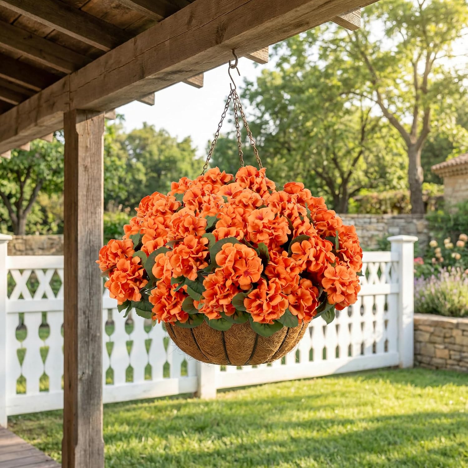 6 Pcs Artificial Geraniums for Outdoors Fake Orange Flowers UV Resistant Silk Faux Fall Flowers for Window Box Summer Patio Home Kitchen Decor (Orange)