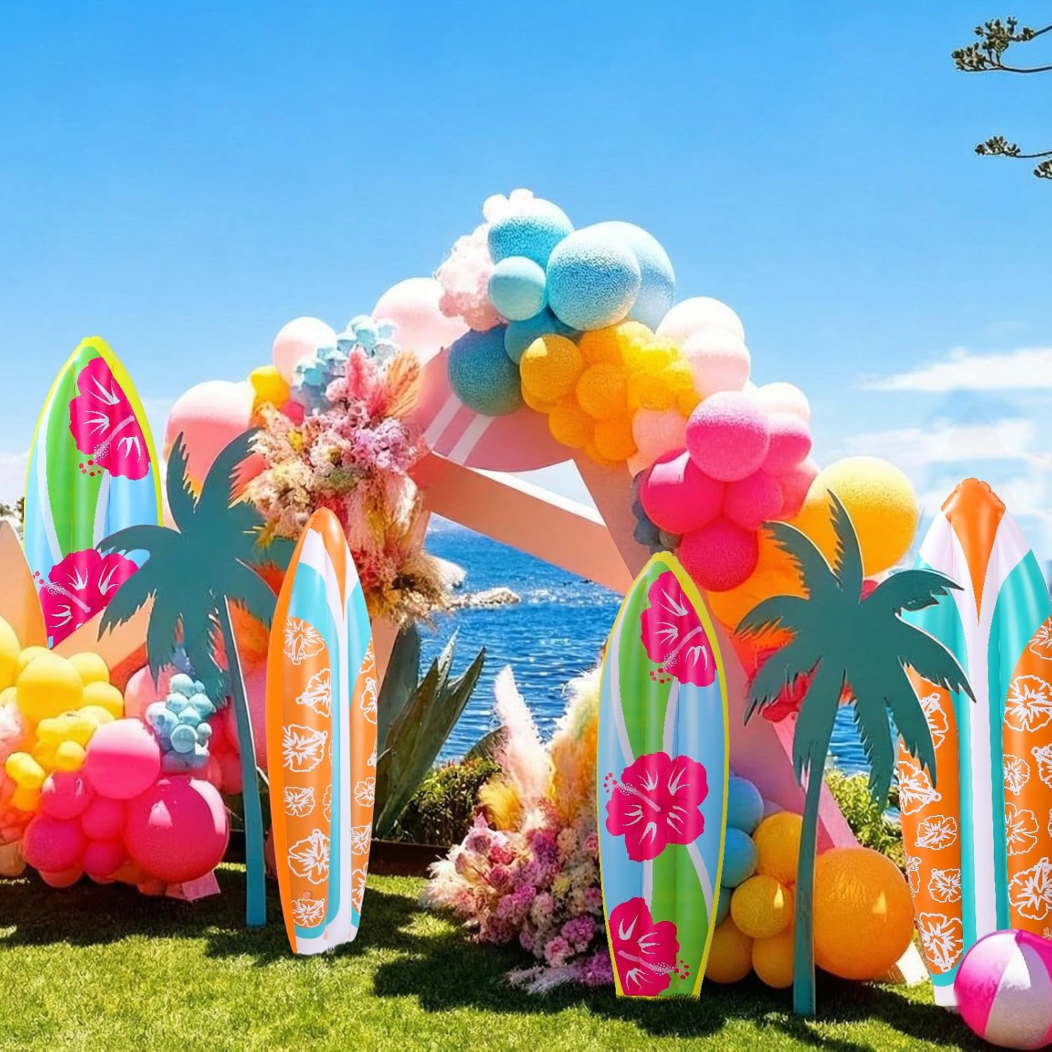 JellyArch 4 Pcs Jumbo Inflatable Surf Board 59 Inch Large Inflatable Pool Floats Luau Hawaiian Party Decorations Tropical Flower Blow up Surfboard for Wall Beach Party Decorations