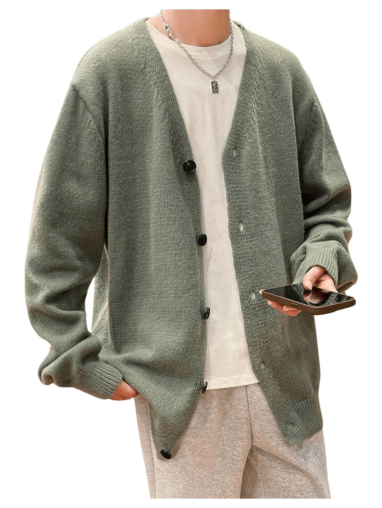 gorglitter Men's Oversized Cardigan Casual Button Down Long Sleeve V Neck Sweater-picture-28