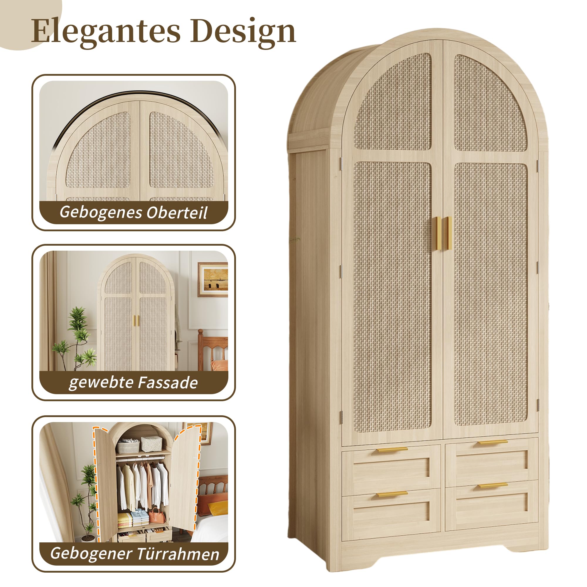 Azkoeesy Armadio moderno ad arco, ante effetto rattan, 4 cassetti, maniglie dorate, 80 x 50 x 179 cm, per camera da letto e corridoio (quercia)